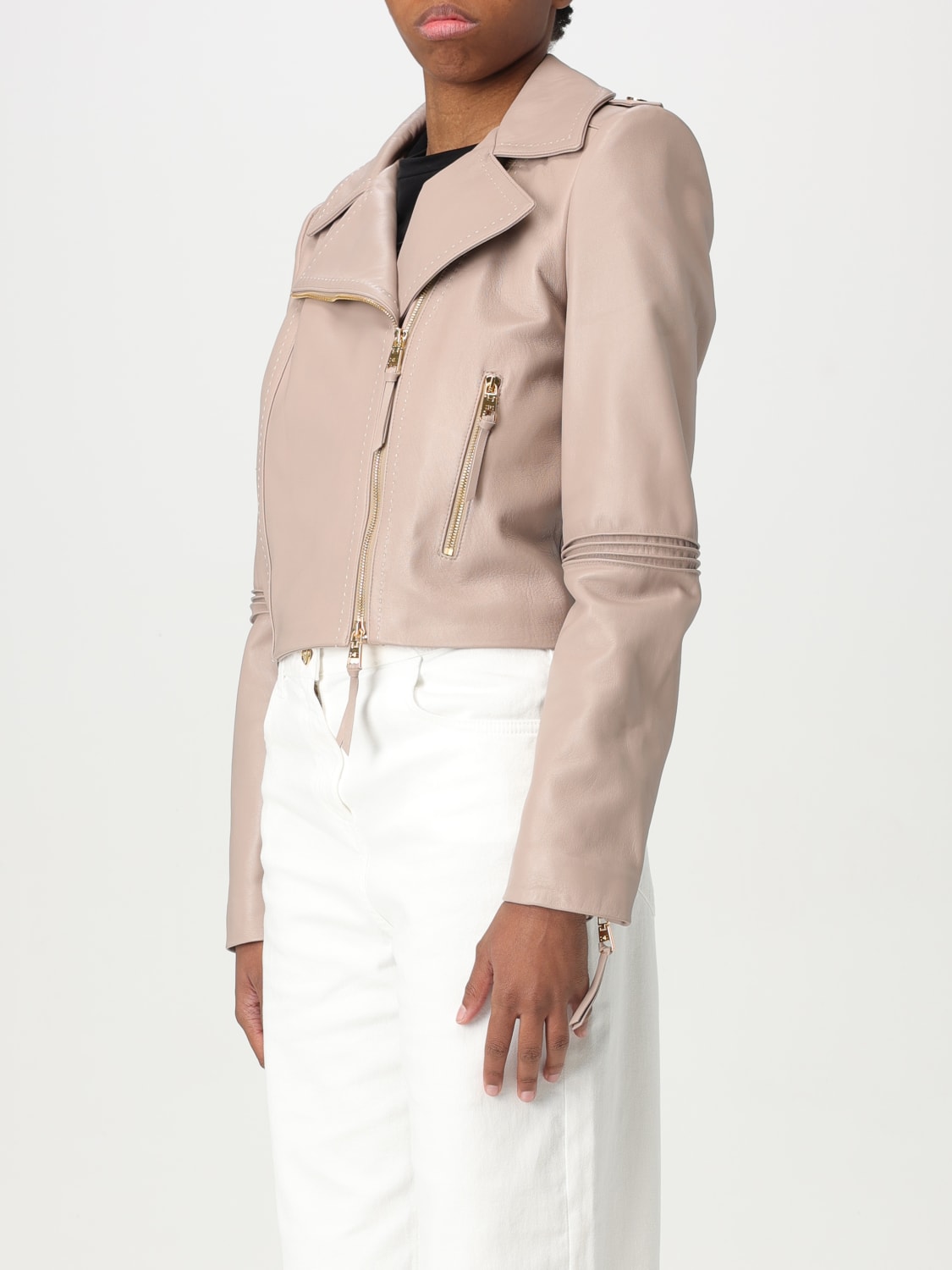 ELISABETTA FRANCHI: Giacca biker in pelle - Grigio | Giacca