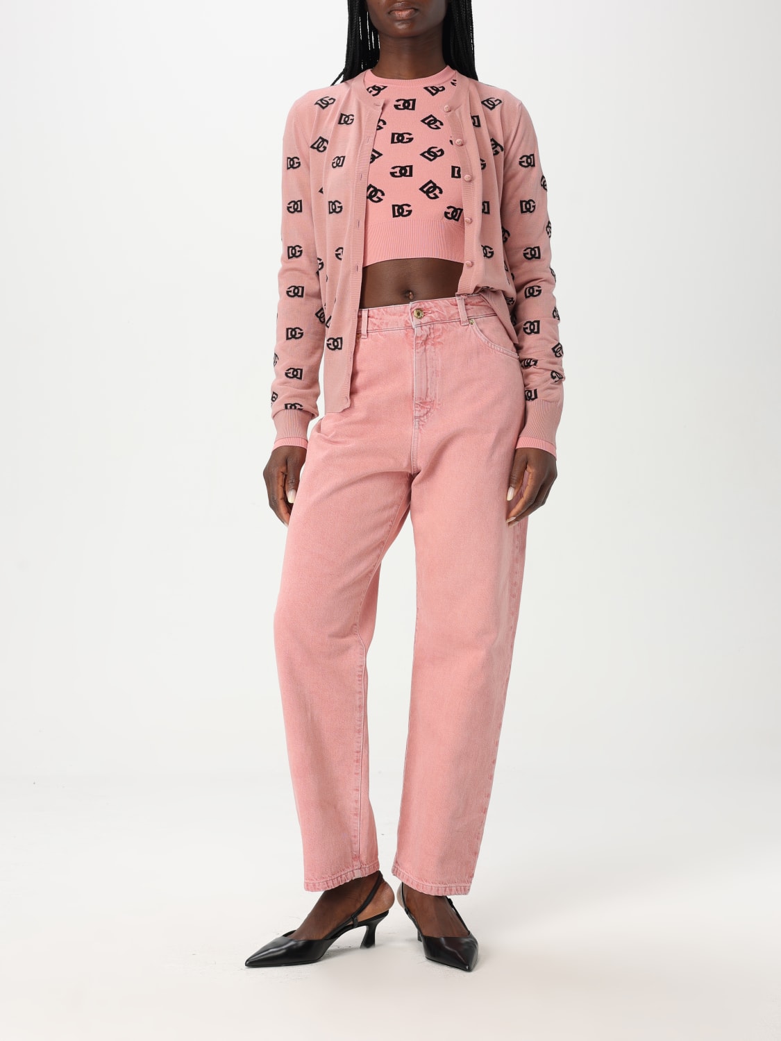 DOLCE & GABBANA MAGLIA: Maglia cropped Dolce & Gabbana in misto viscosa con monogram, Rosa - Img 2