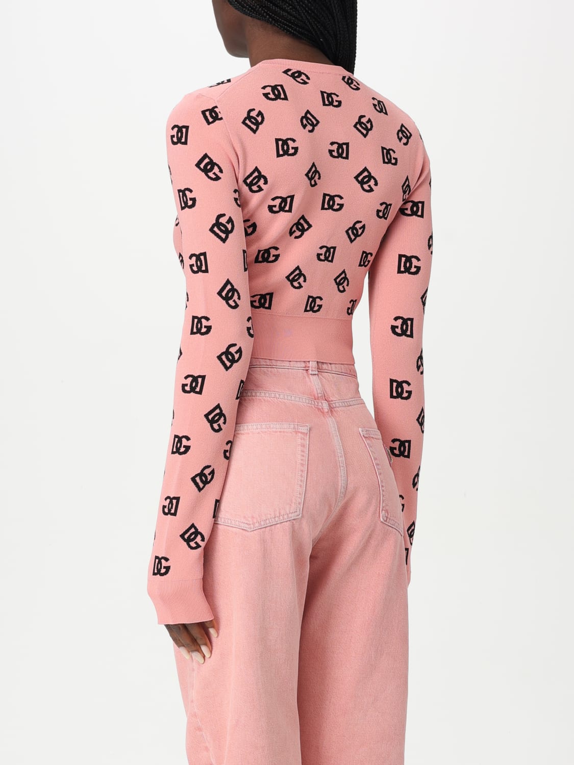 DOLCE & GABBANA MAGLIA: Maglia cropped Dolce & Gabbana in misto viscosa con monogram, Rosa - Img 3
