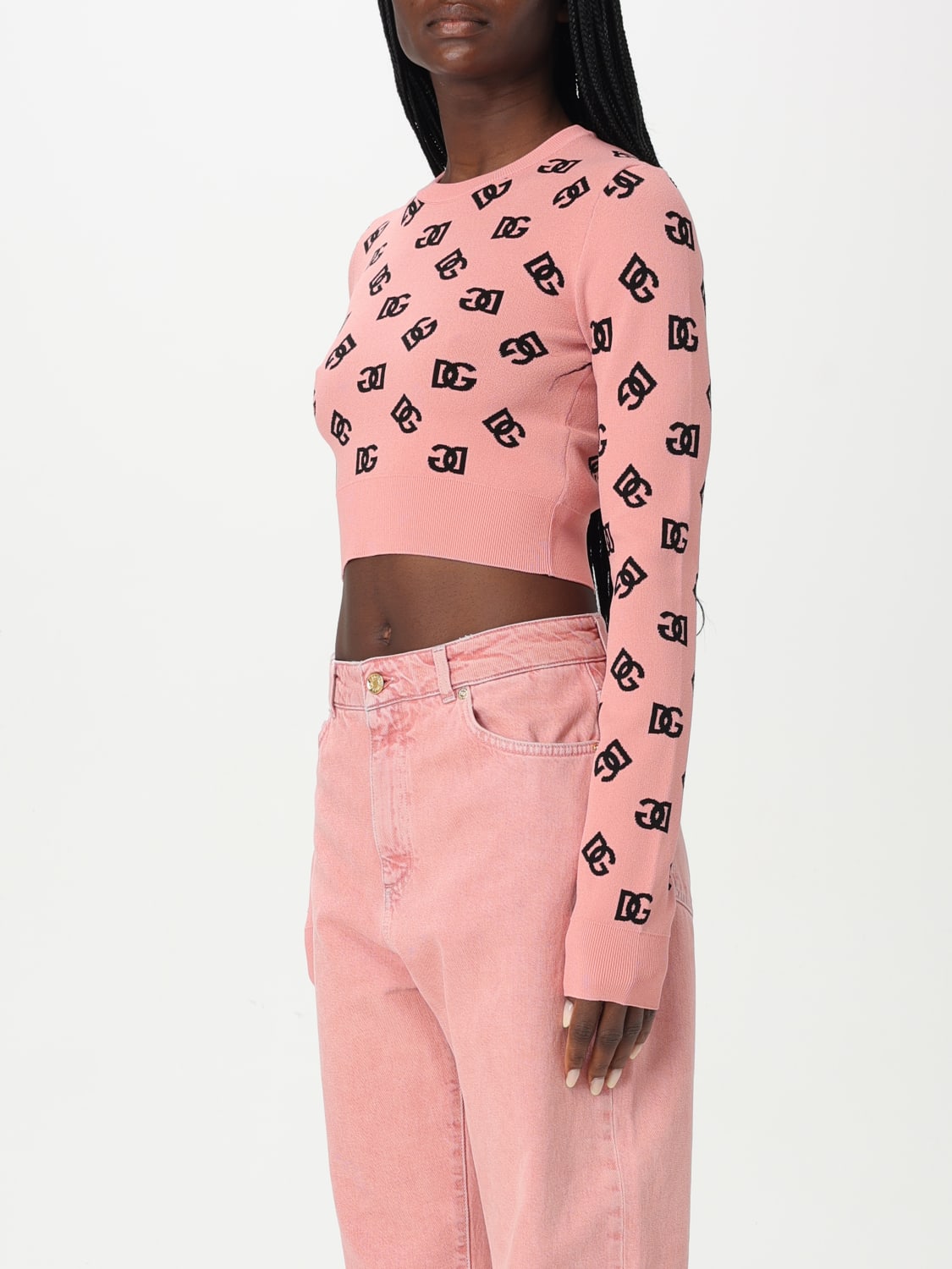 DOLCE & GABBANA MAGLIA: Maglia cropped Dolce & Gabbana in misto viscosa con monogram, Rosa - Img 4