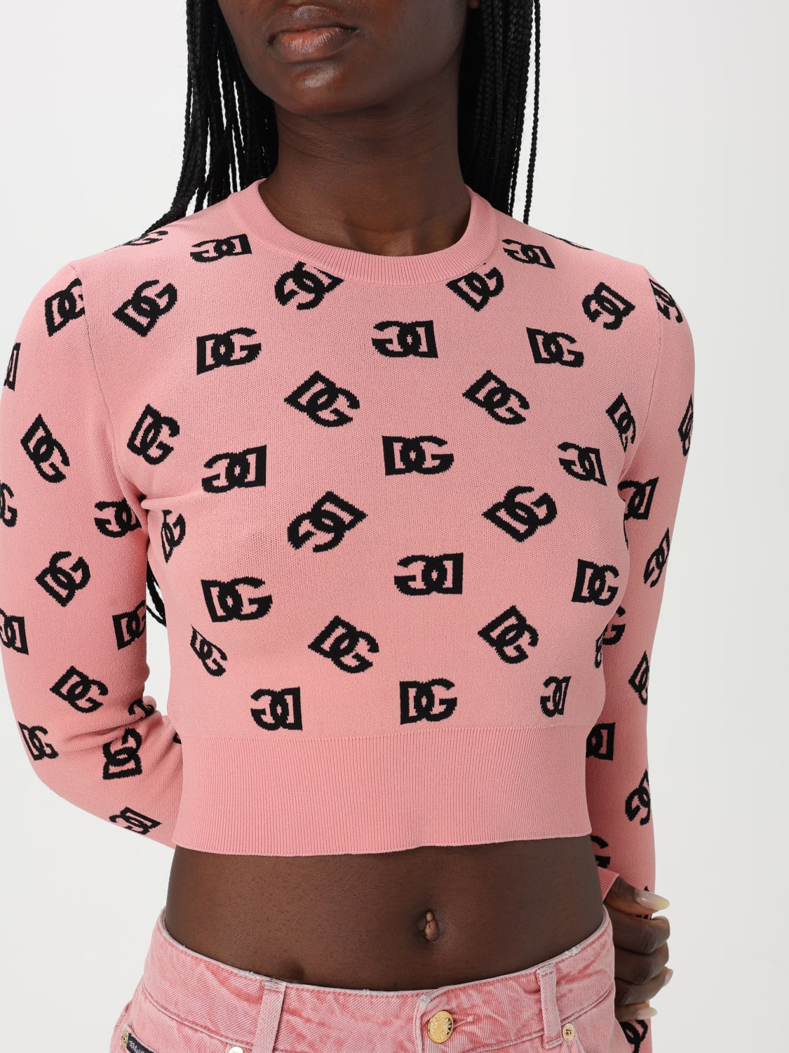 DOLCE & GABBANA MAGLIA: Maglia cropped Dolce & Gabbana in misto viscosa con monogram, Rosa - Img 5