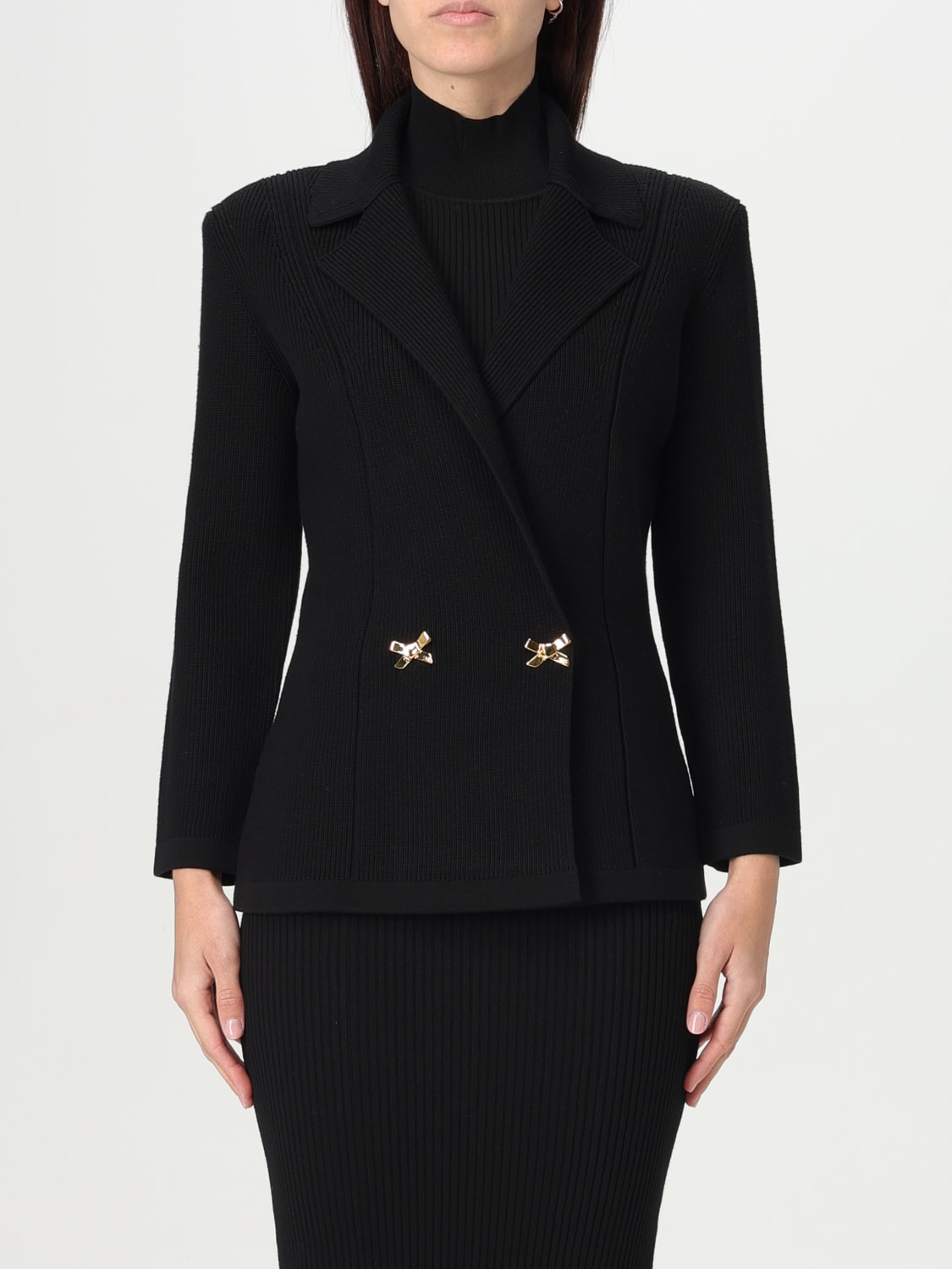 ELISABETTA FRANCHI: Blazer in maglia con fiocchi gioiello