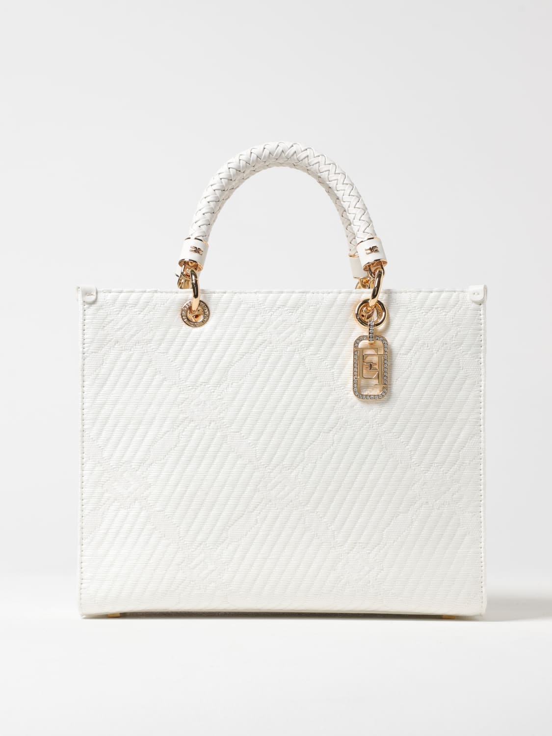 トートバッグ ELISABETTA FRANCHI Woman Tote bags White BS12A 360 ELISABETTA FRANCHI: raffia and fabric tote bag with jacquard