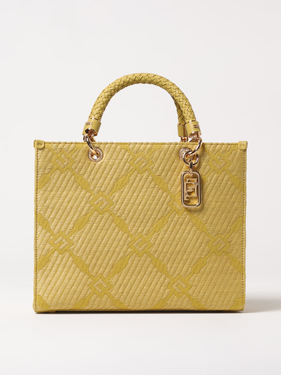 トートバッグ ELISABETTA FRANCHI Woman Tote bags White BS12A 360 ELISABETTA FRANCHI: raffia and fabric tote bag with jacquard