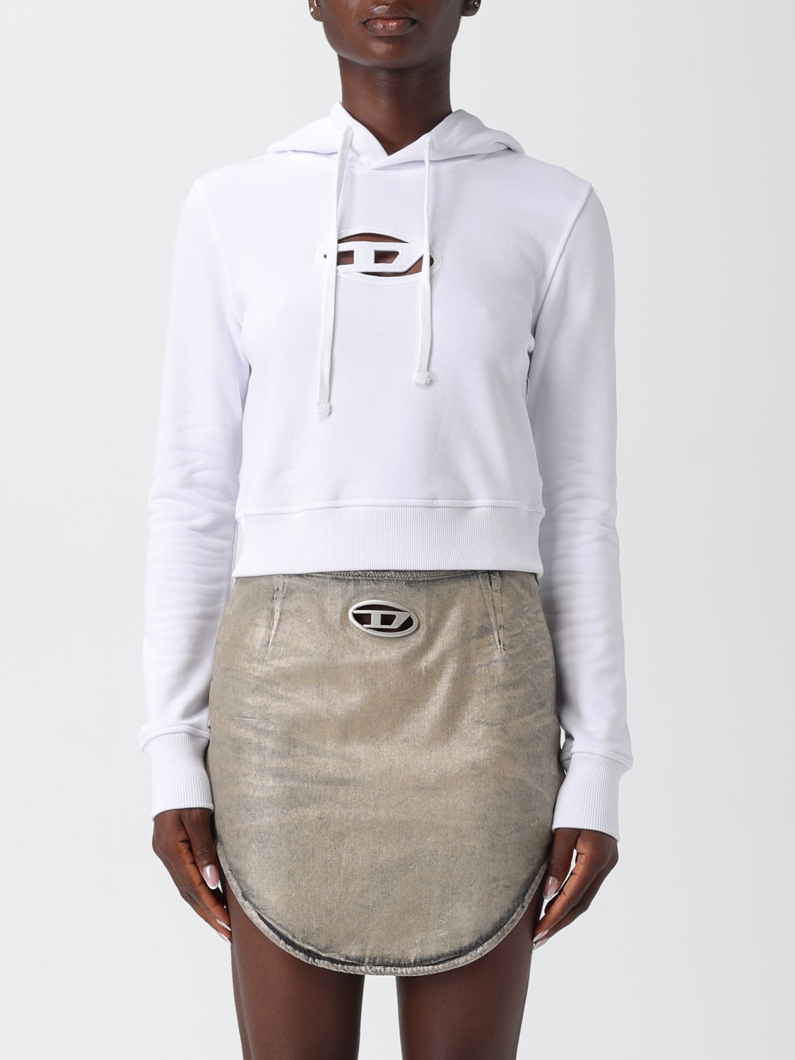DIESEL FELPA: Felpa crop con cappuccio Oval D Diesel, Bianco - Img 1