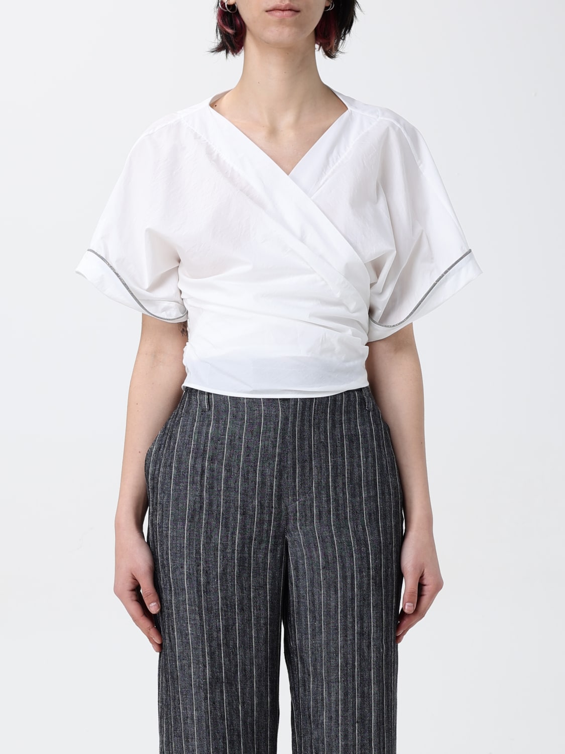 BRUNELLO CUCINELLI TOP: Blusa Brunello Cucinelli in cotone con monile nickel-free, Naturale - Img 1