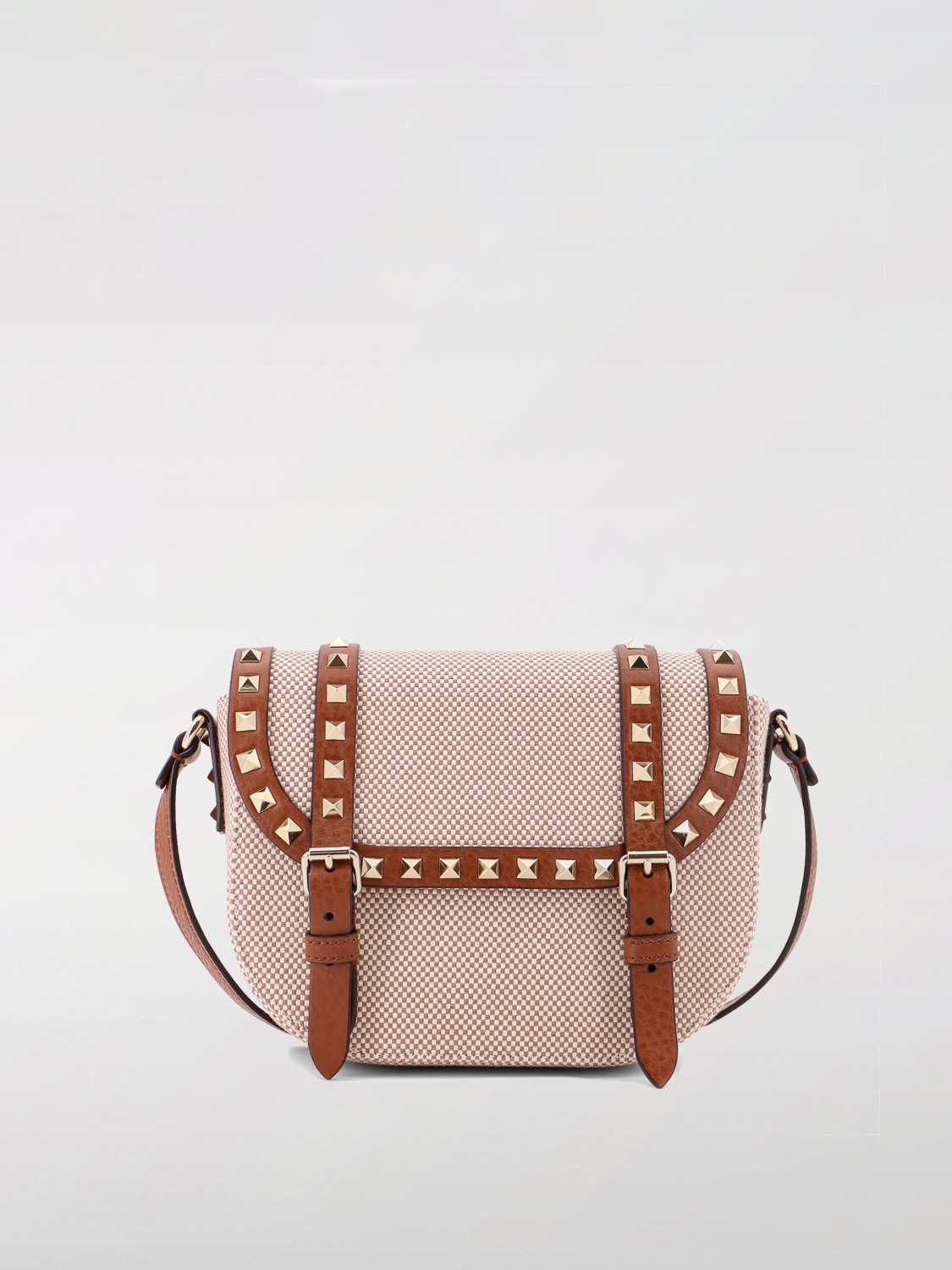 VALENTINO GARAVANI BORSA A TRACOLLA: Borsa Rockstud Valentino Garavani in tela di cotone e pelle , Marrone - Img 1