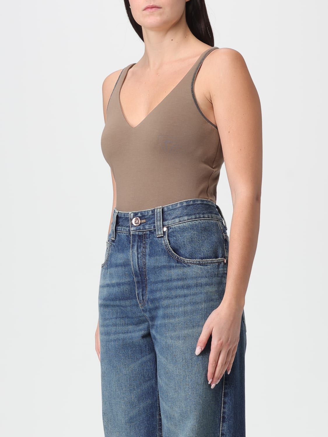 BRUNELLO CUCINELLI TOP: Top classico Brunello Cucinelli in jersey con monile , Cacao - Img 4