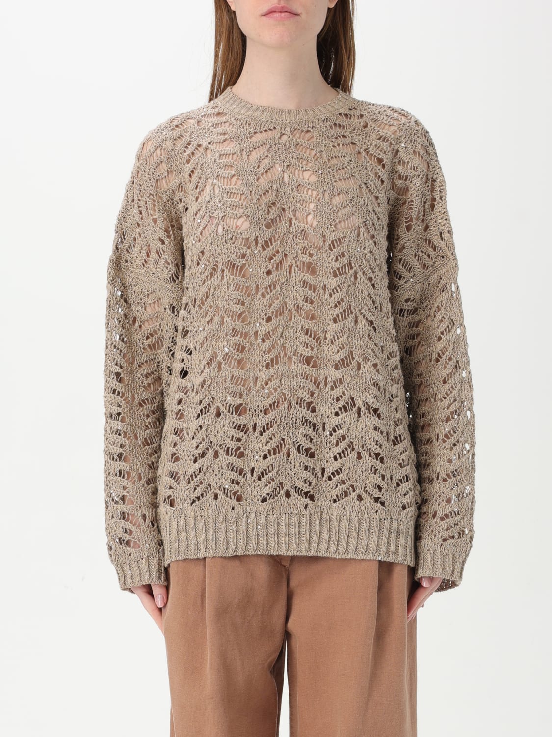 フィットネストップス BRUNELLO CUCINELLI Women Sweater M19122606 C8722 Beige Brunello Cucinelli - Beige Paillette 3D Knit Ribbed Sweater
