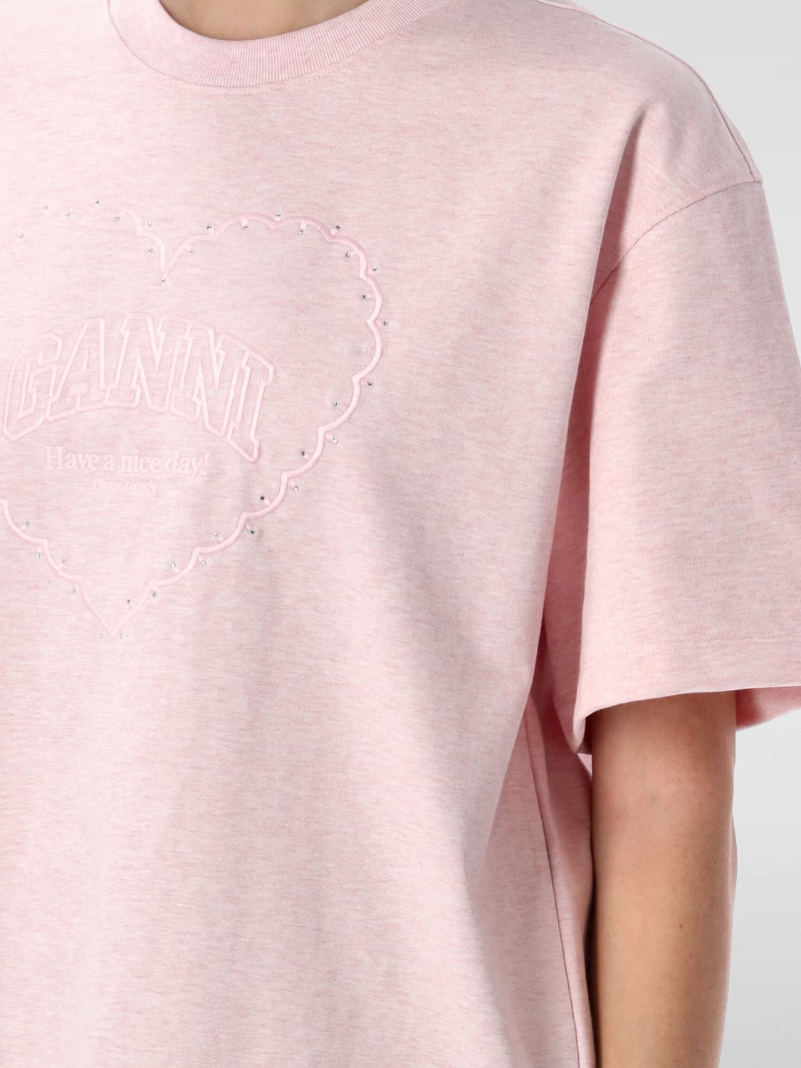 Tシャツ・カットソー GANNI Woman T-Shirt Pink T40903683 868 Chalk Pink Pink Heavy Cotton Drop Shoulder Heart T-shirt