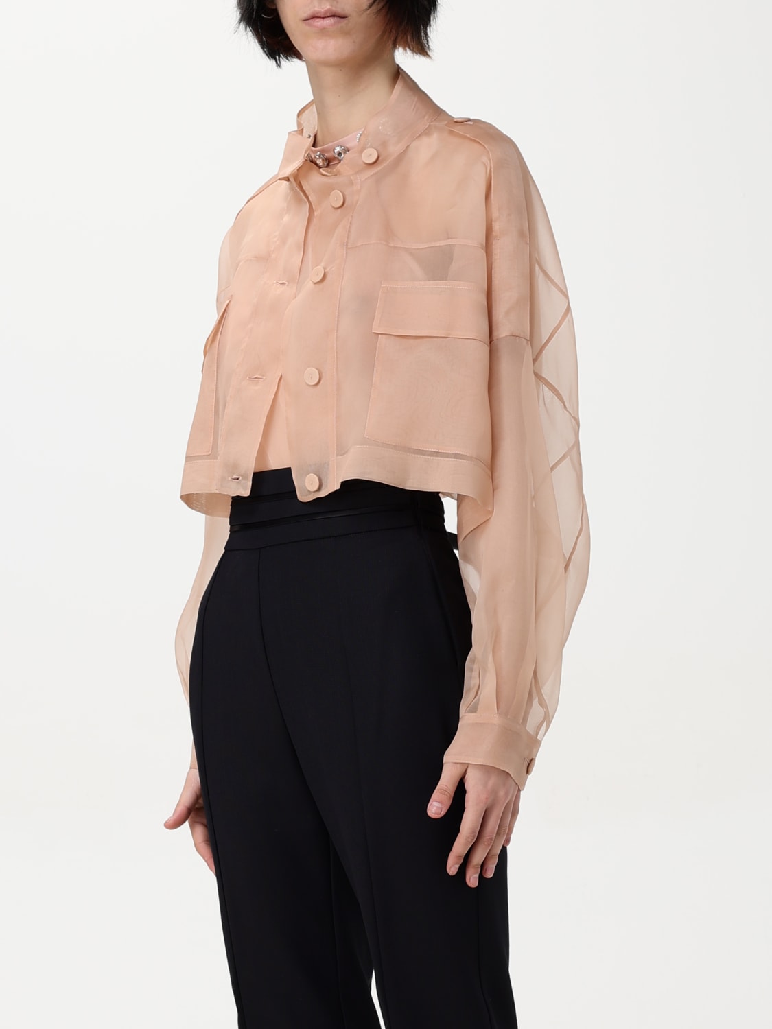 PINKO: Giacca cropped in organza di seta - Rosa | Giacca