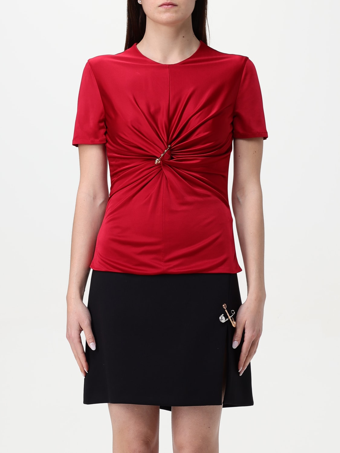 VERSACE TOP: Top in viscosa con spilla da balia Versace, Rosso - Img 1