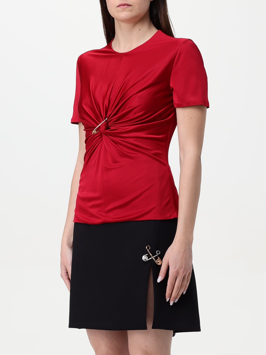 VERSACE TOP: Top in viscosa con spilla da balia Versace, Rosso - Img 4