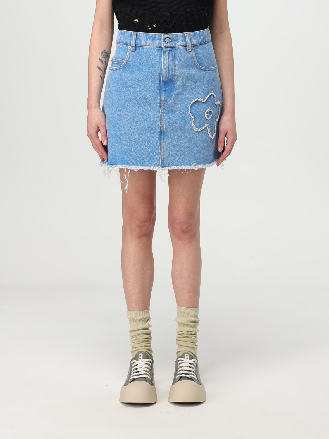 MARNI GONNA: Gonna Marni in denim di cotone con fiori, Blue - Img 1