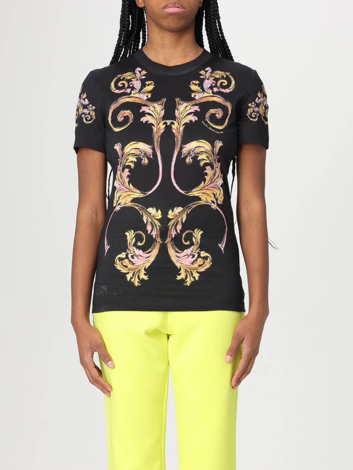 VERSACE JEANS COUTURE T-SHIRTS: T-shirt in cotone con stampa barocca Versace Jeans Couture, Nero - Img 1