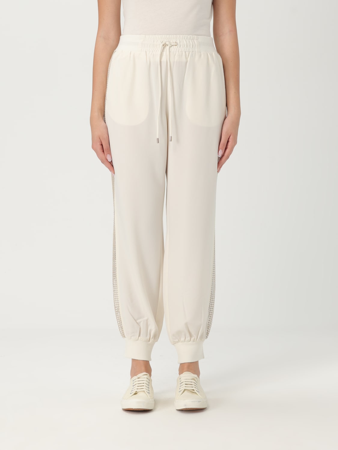 LIU JO PANTALONI: Pantalone jogging Liu Jo in tessuto stretch con paillettes, Bianco - Img 1