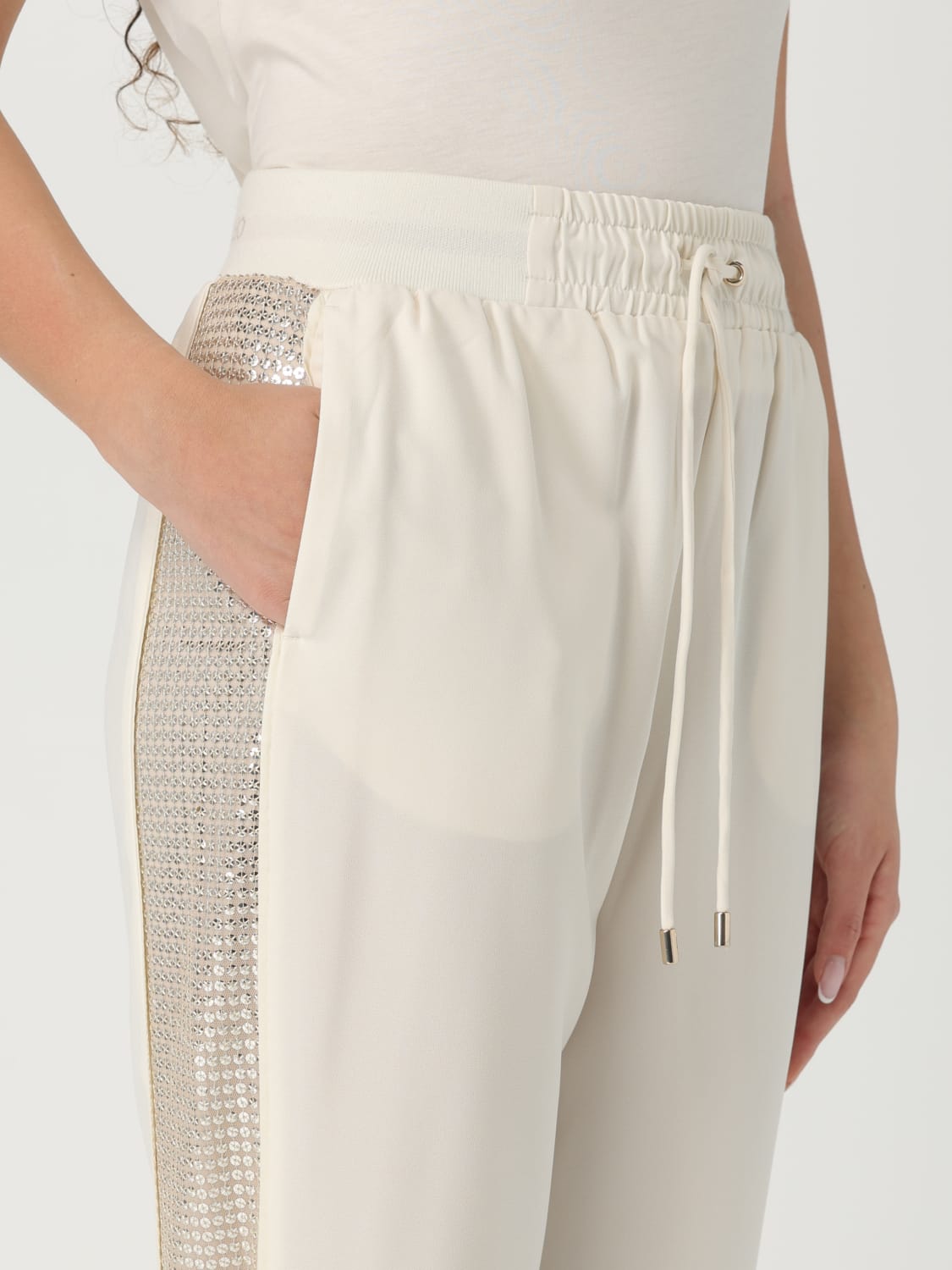 LIU JO PANTALONI: Pantalone jogging Liu Jo in tessuto stretch con paillettes, Bianco - Img 4