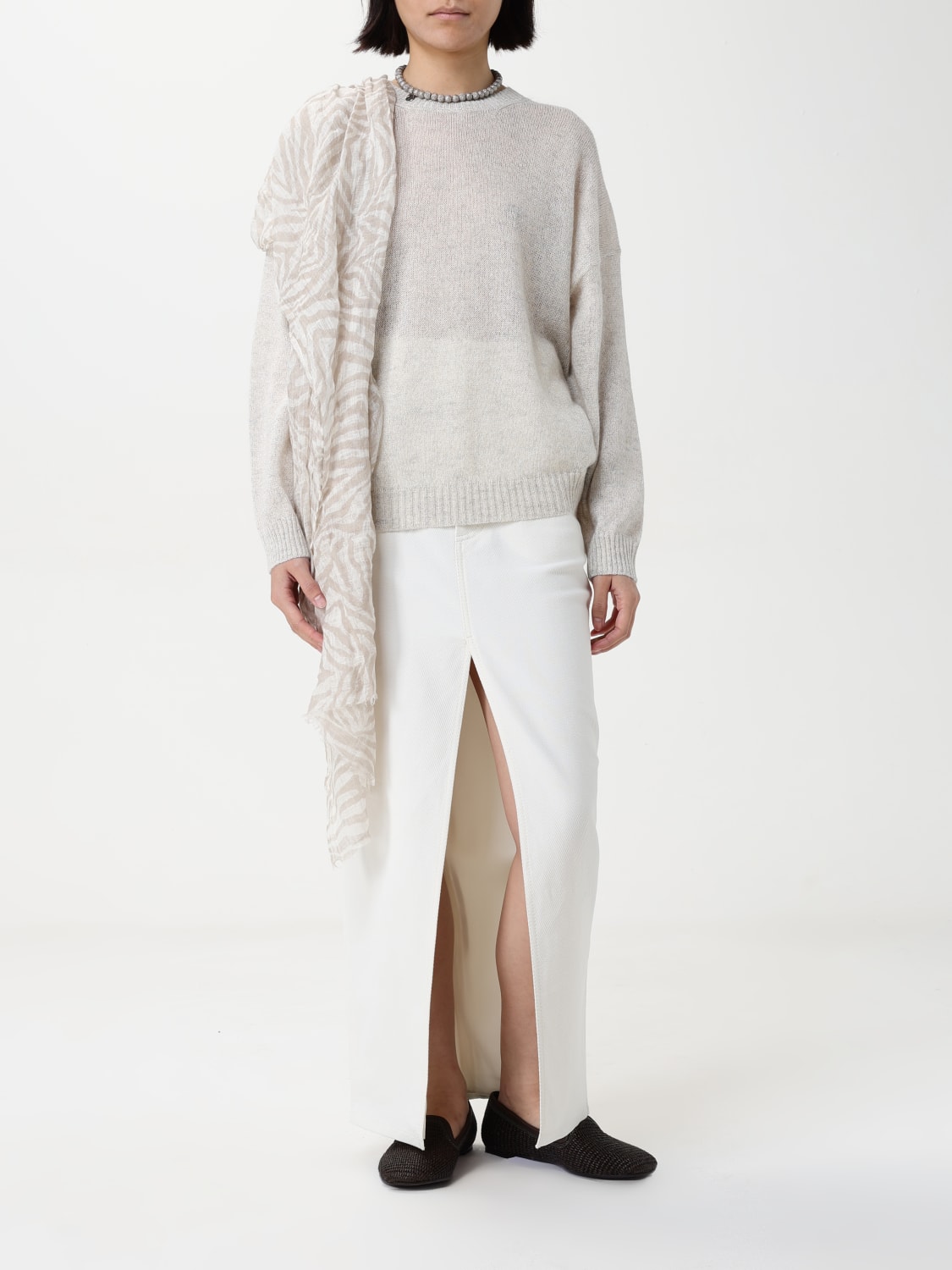 フィットネストップス BRUNELLO CUCINELLI Women Sweater MH827FB706C600 White Brunello Cucinelli - Oat Linen & Silk Paillette Cap Sleeve