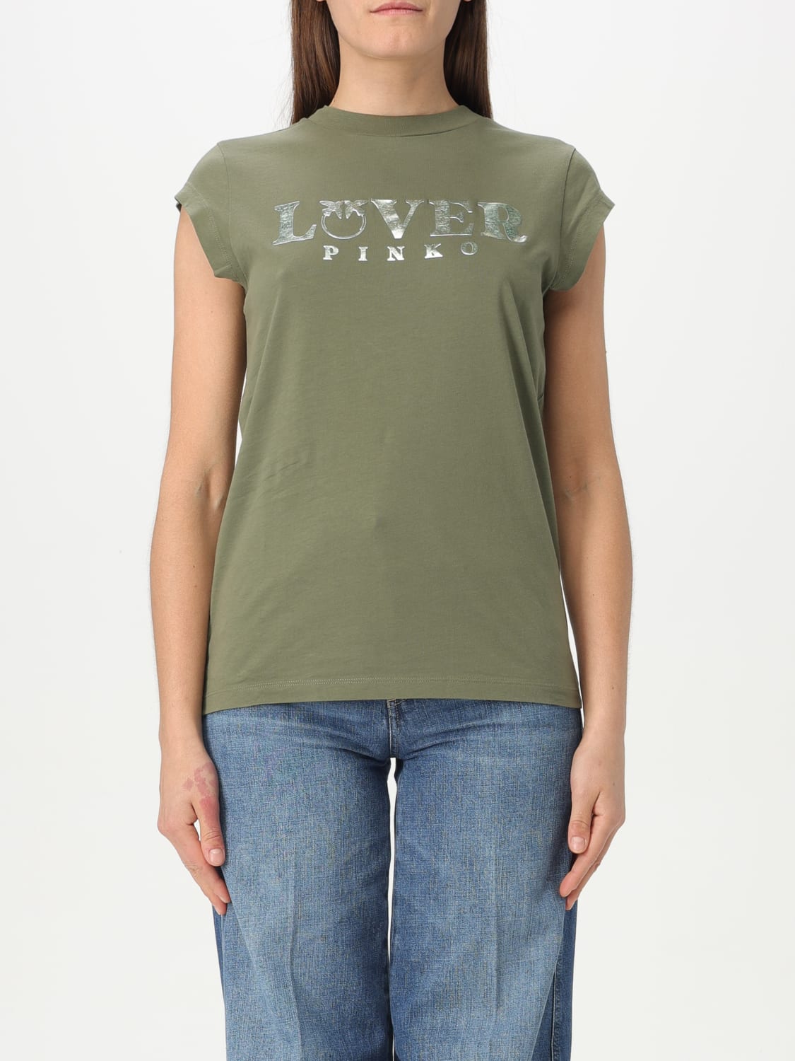 Tシャツ・カットソー Pinko T-shirts 104603A2DAI63 PINKO: T-shirt in cotone con stampa Lover - Verde | T-Shirt