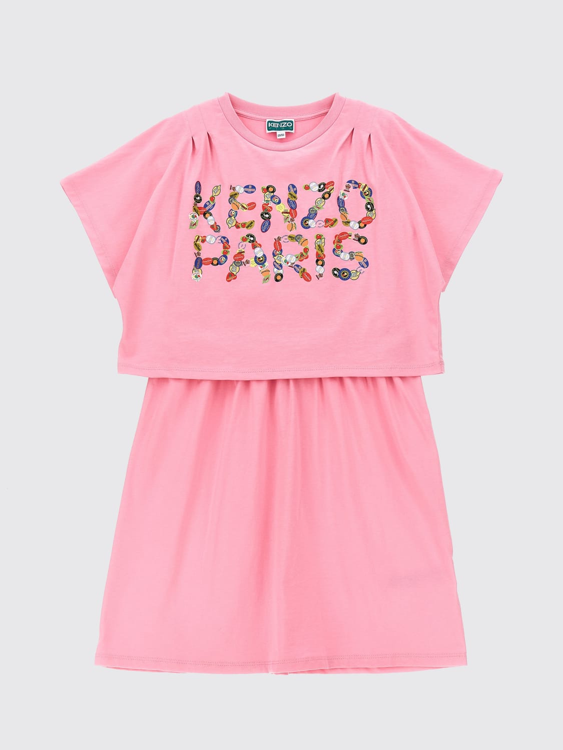 KENZO KIDS ABITO: Abito a t-shirt in cotone con logo Kenzo Kids, Rosa - Img 1