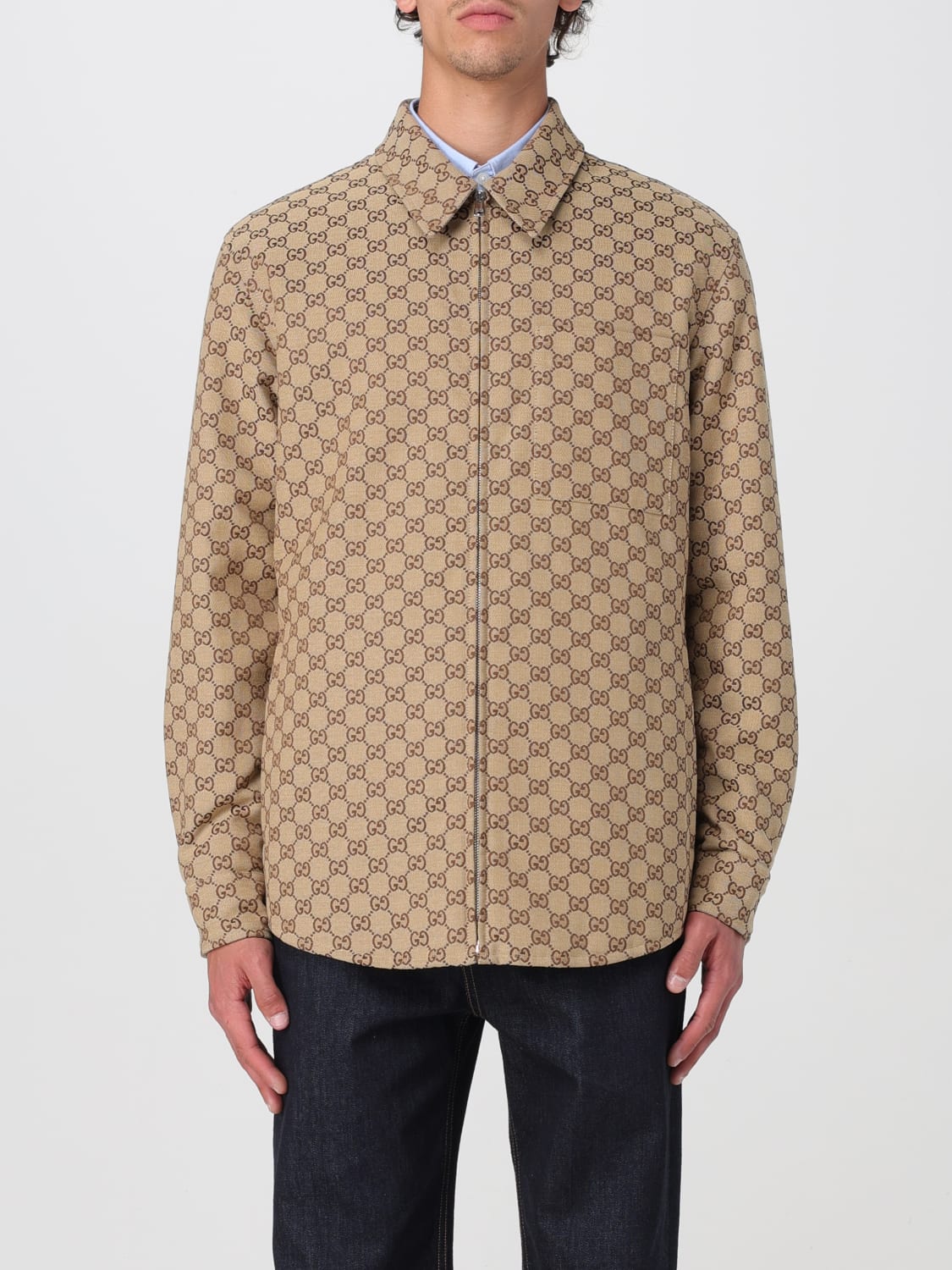 GUCCI GIACCA: Overshirt Gucci in misto cotone con motivo monogram , Beige - Img 1