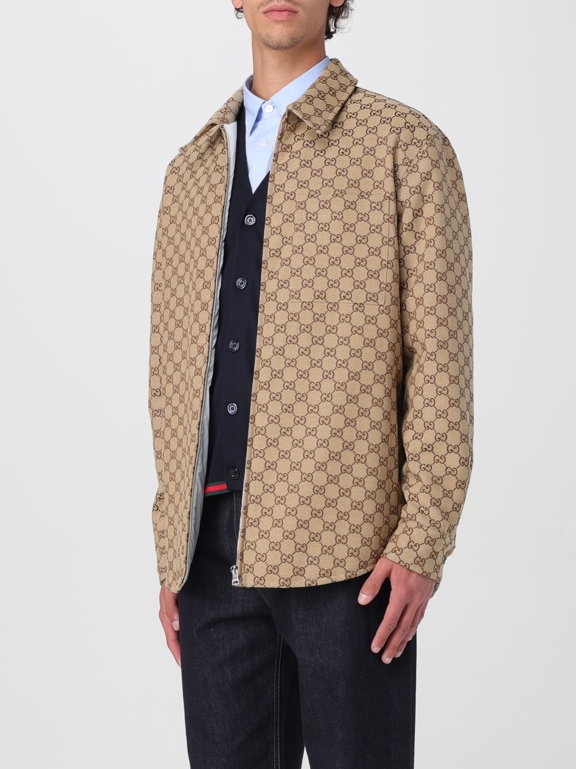 GUCCI GIACCA: Overshirt Gucci in misto cotone con motivo monogram , Beige - Img 3
