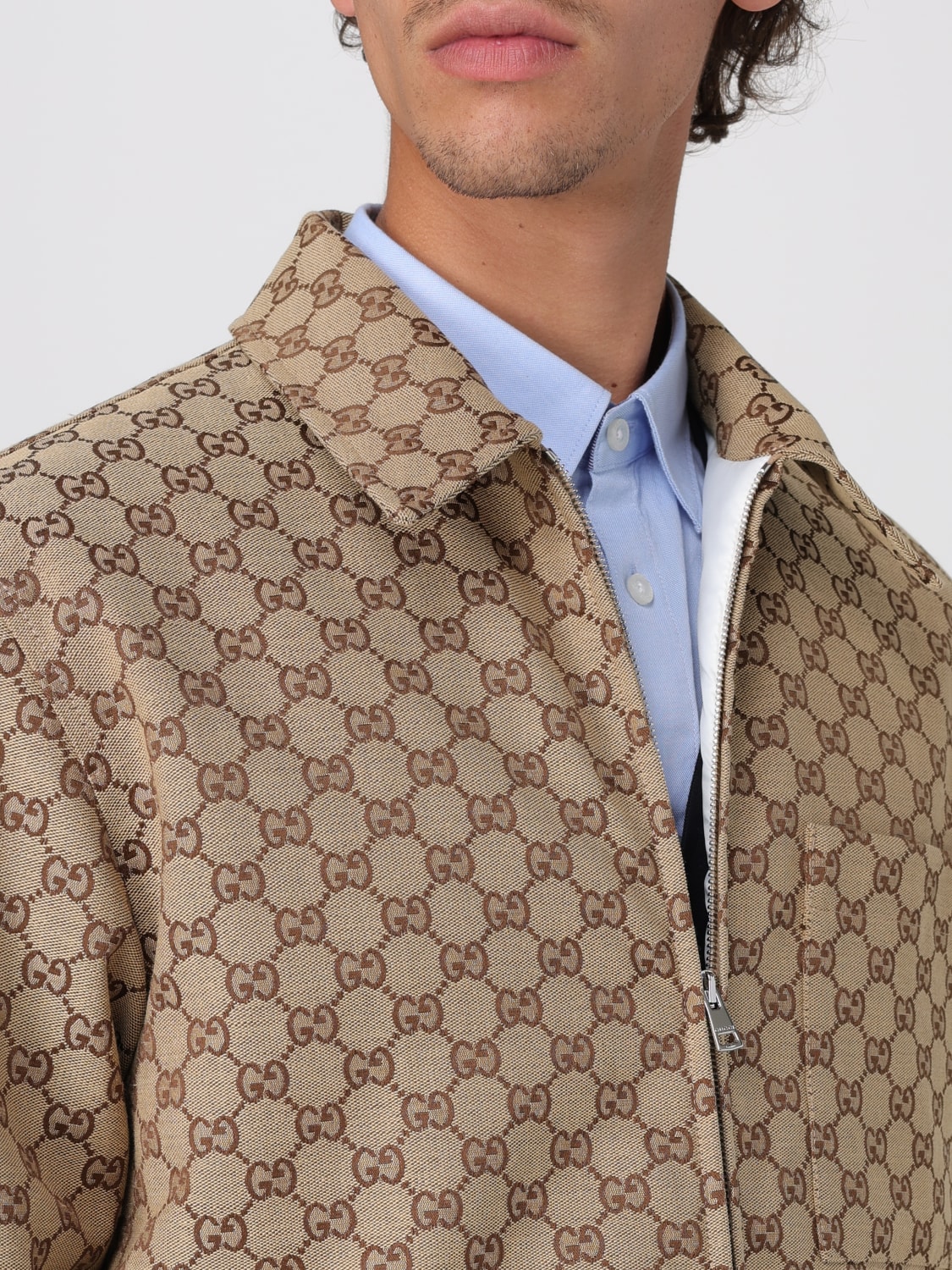 GUCCI GIACCA: Overshirt Gucci in misto cotone con motivo monogram , Beige - Img 4