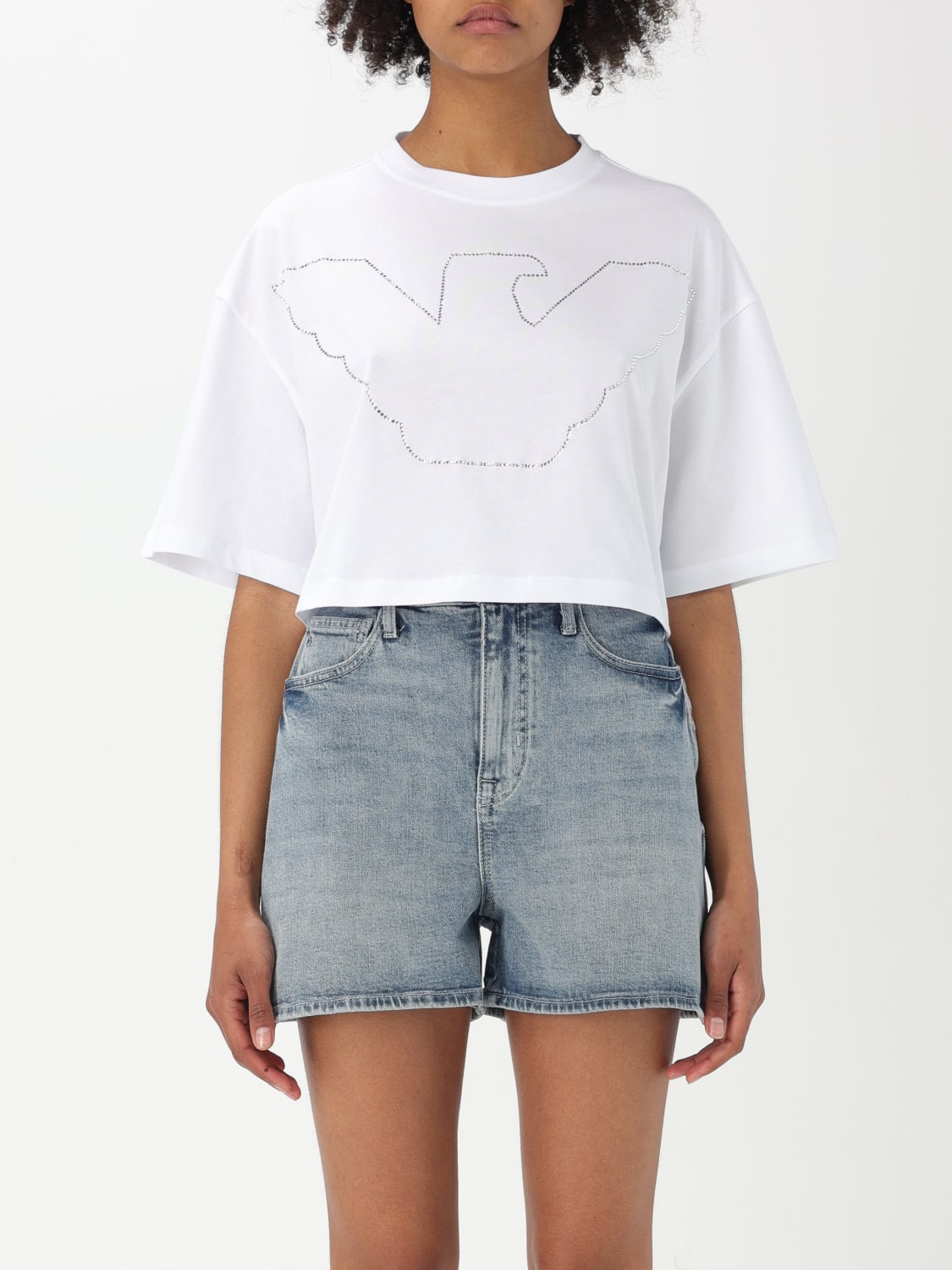 EMPORIO ARMANI T-SHIRT: T-shirt crop Emporio Armani con maxi logo, Bianco - Img 1