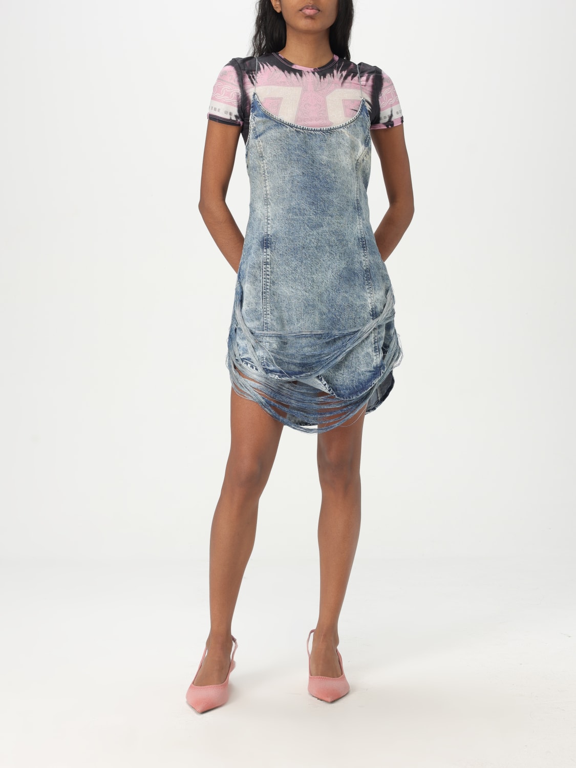 ワンピース DIESEL Women Mid Skirts A189640CMBP Q DIESE 01 BLUE Women's Minidress in fringed Tencel denim | Blue | Diesel
