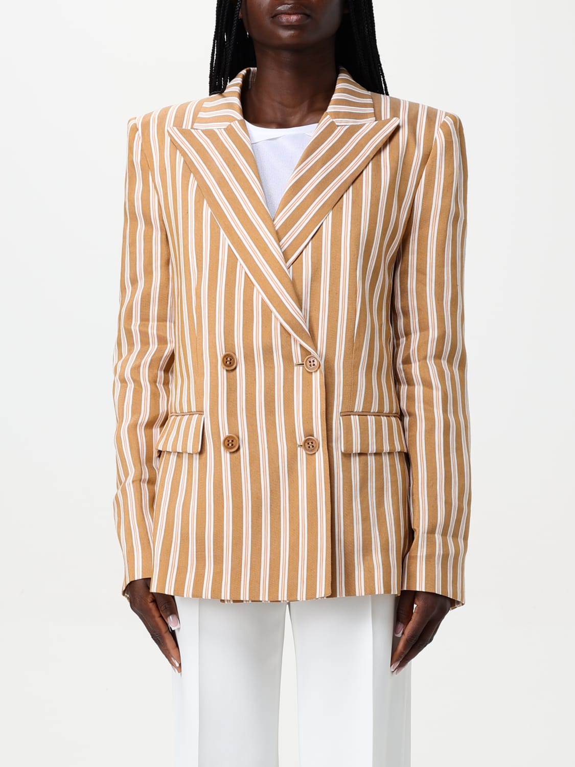 ALBERTA FERRETTI BLAZER: Blazer doppiopetto Alberta Ferretti in misto lino a righe , Fantasia - Img 1
