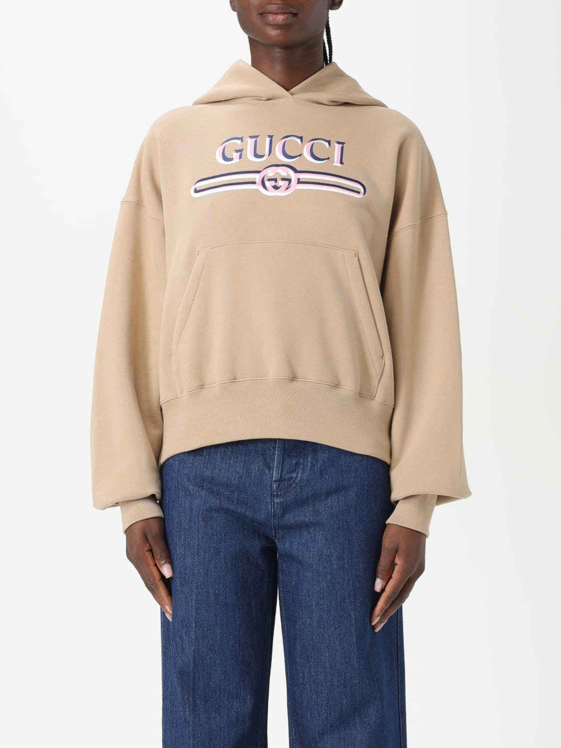 GUCCI FELPA: Felpa con cappuccio e logo Gucci, Beige - Img 1