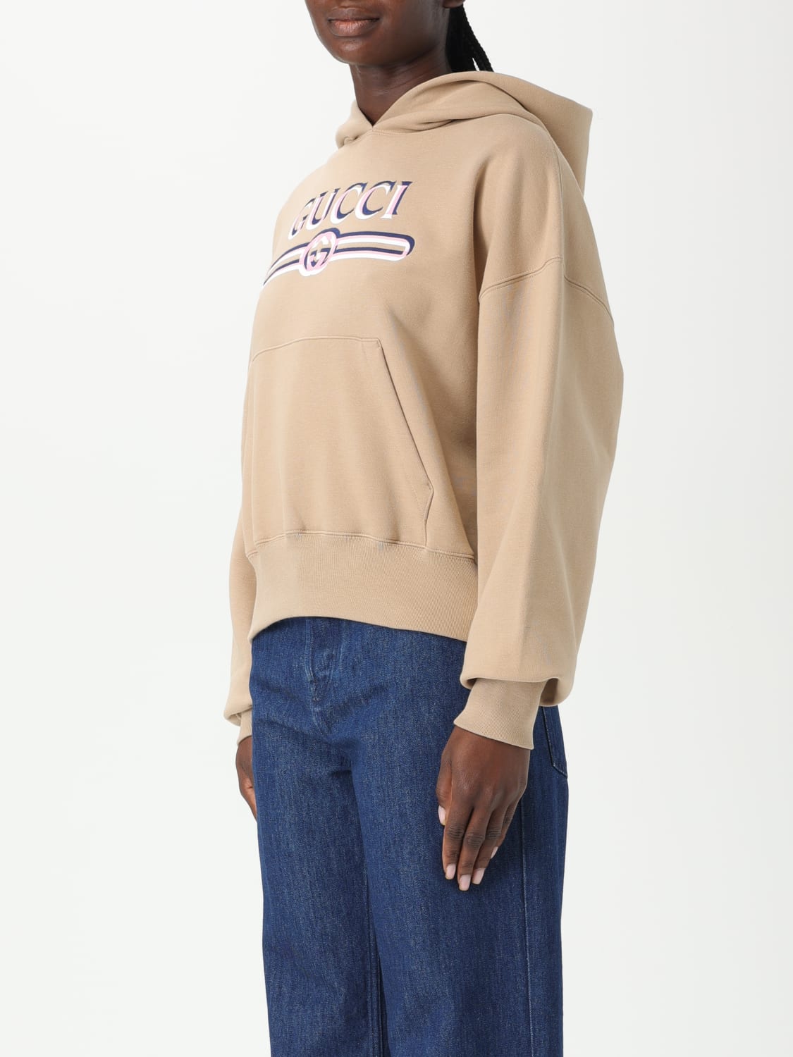 GUCCI FELPA: Felpa con cappuccio e logo Gucci, Beige - Img 3