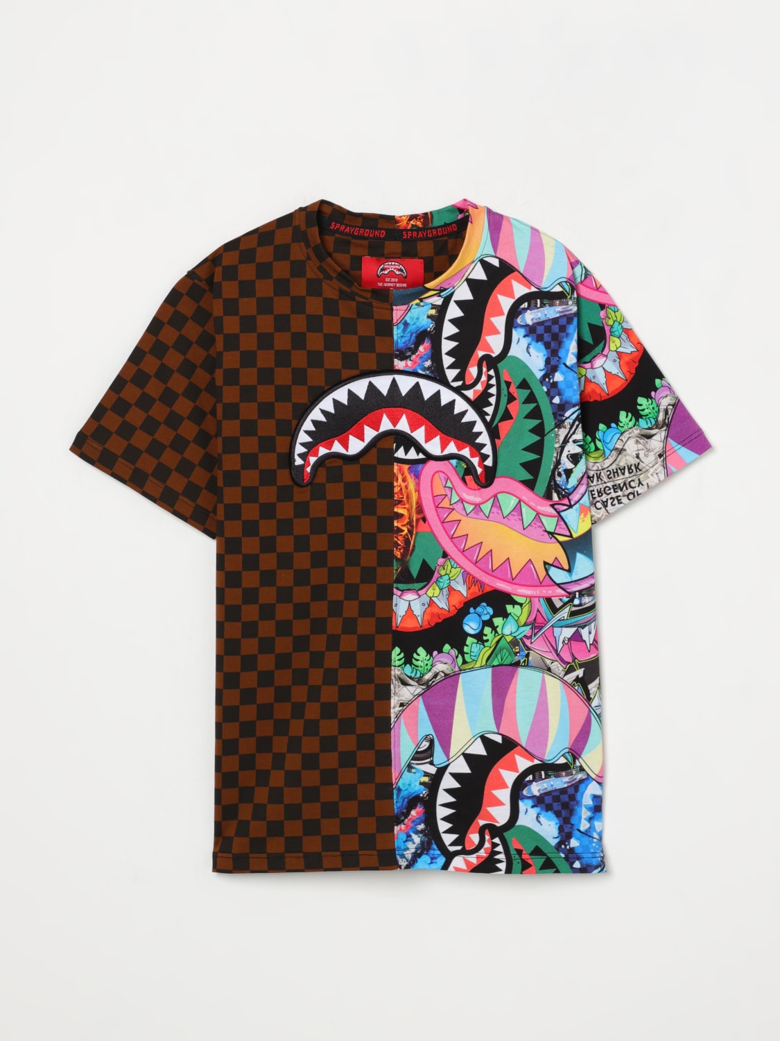 SPRAYGROUND T-SHIRT: T-shirt in cotone Sprayground con stampe grafiche a scacchi, Marrone - Img 1