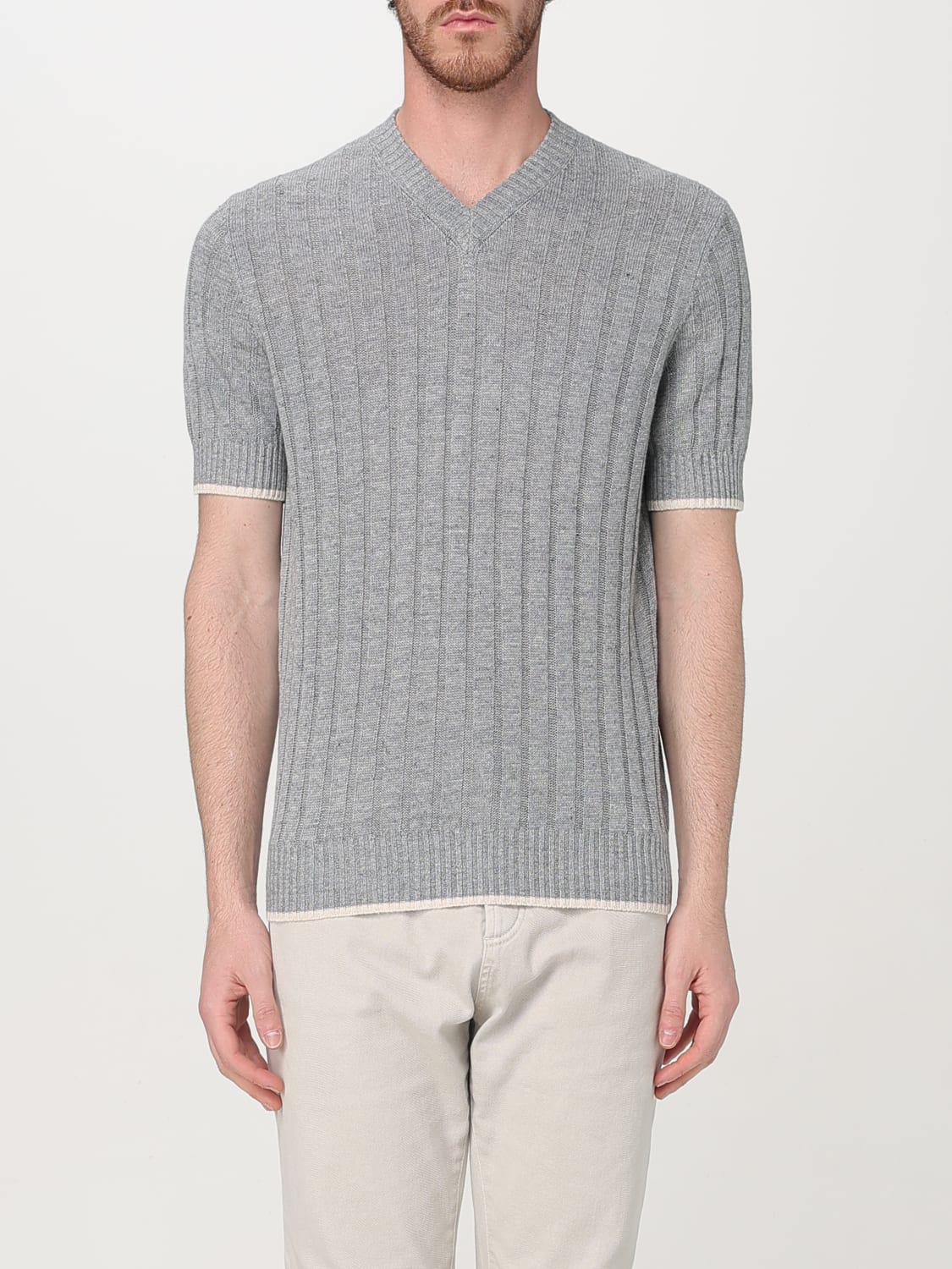 BRUNELLO CUCINELLI: v-neck linen and ribbed cotton t-shirt BRUNELLO CUCINELLI: v-neck linen and ribbed cotton t-shirt