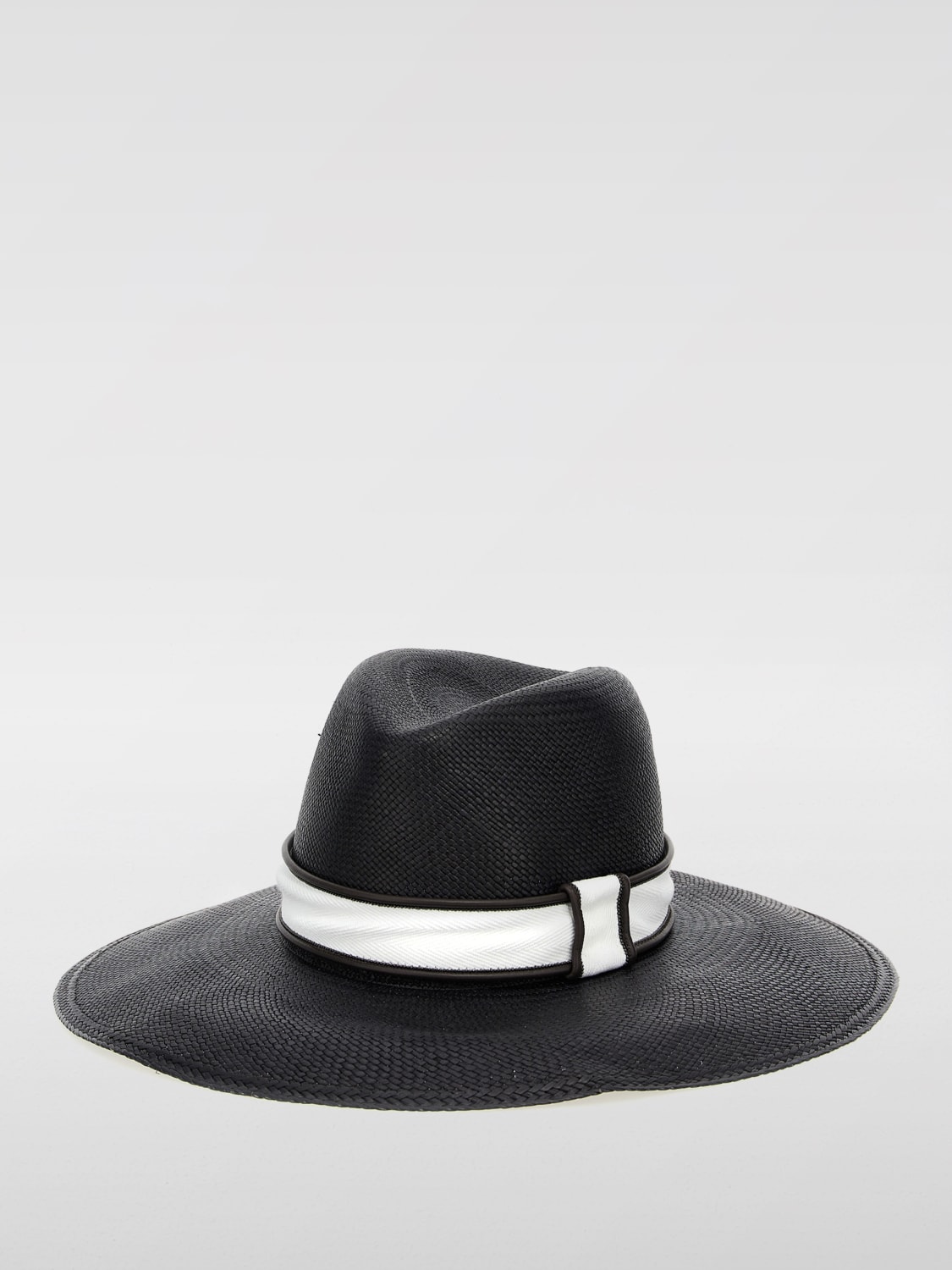 BRUNELLO CUCINELLI CAPPELLO: Cappello Fedora Brunello Cucinelli in rafia con fettuccia e monile , Nero - Img 2