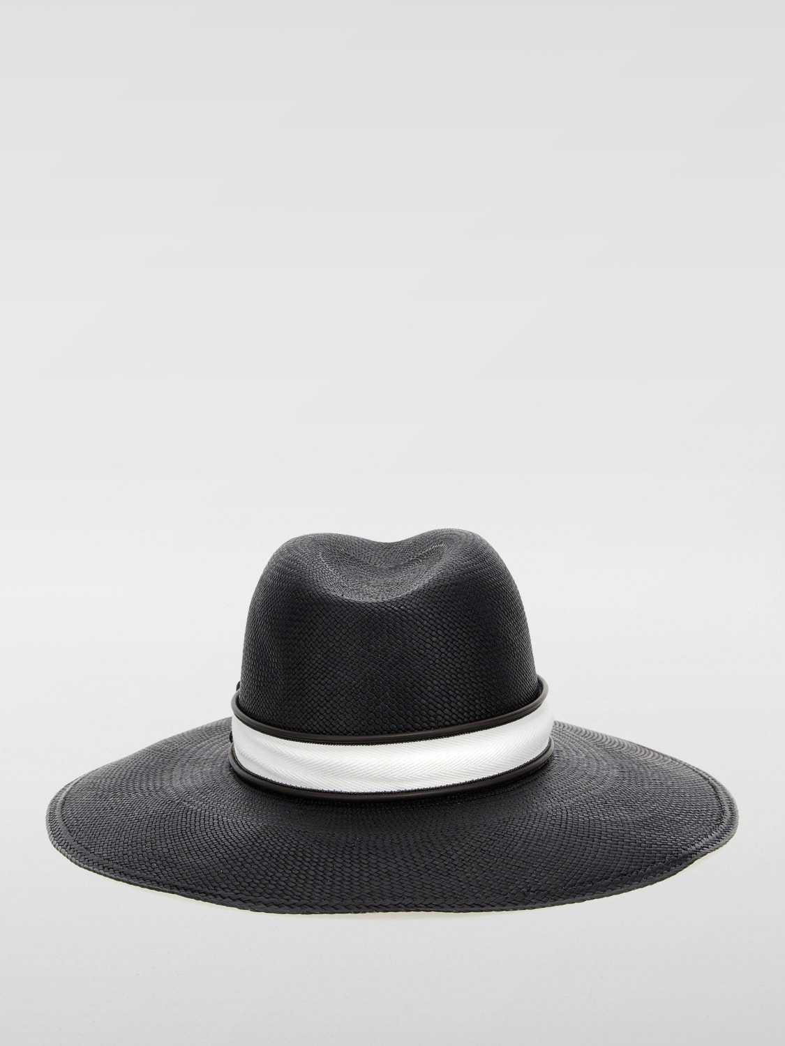 BRUNELLO CUCINELLI CAPPELLO: Cappello Fedora Brunello Cucinelli in rafia con fettuccia e monile , Nero - Img 3