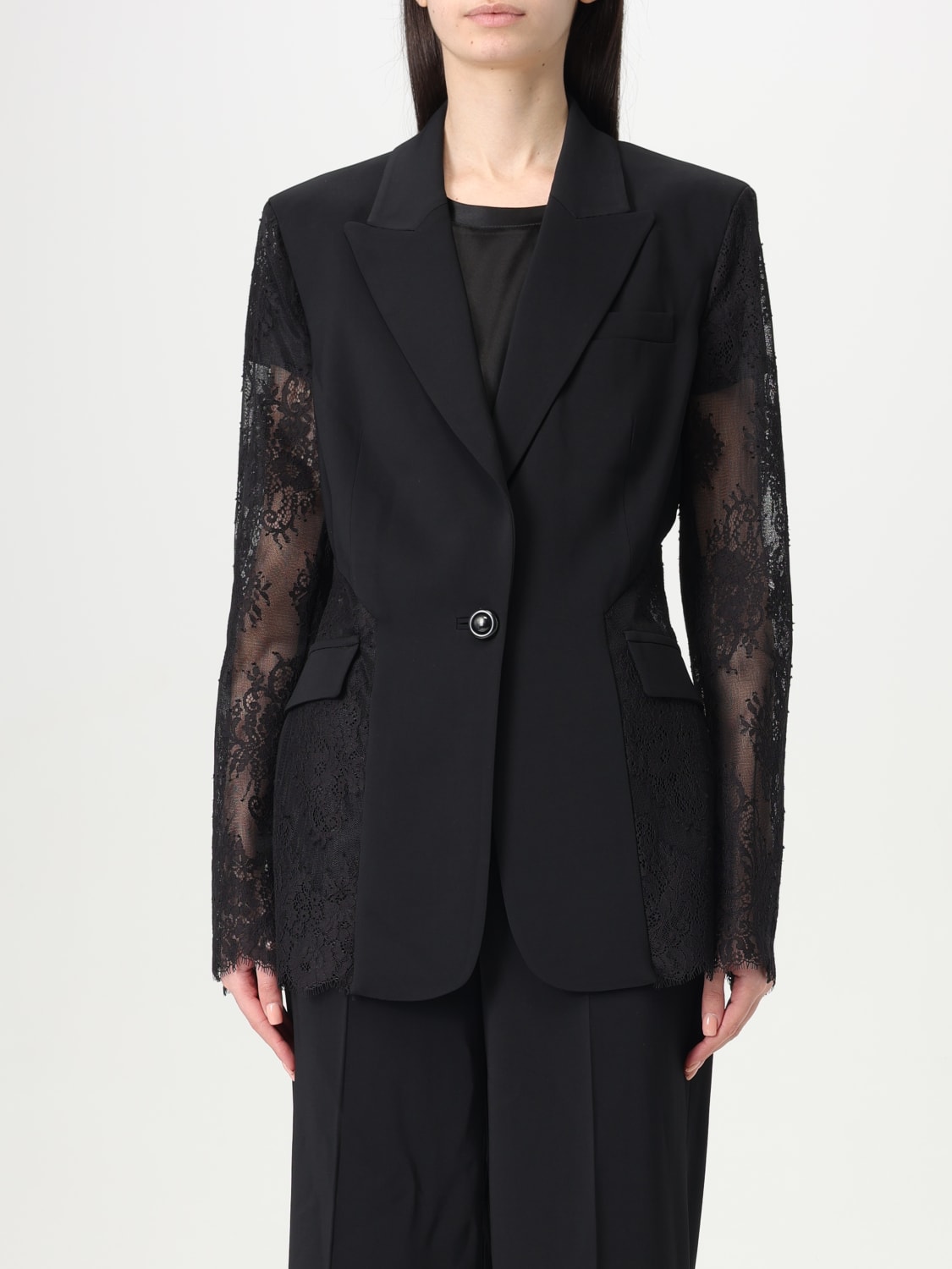 アウターその他 PINKO Woman Blazer Black 105057A0IM Z99 PINKO: Blazer monopetto in cotone e pizzo - Nero | Blazer