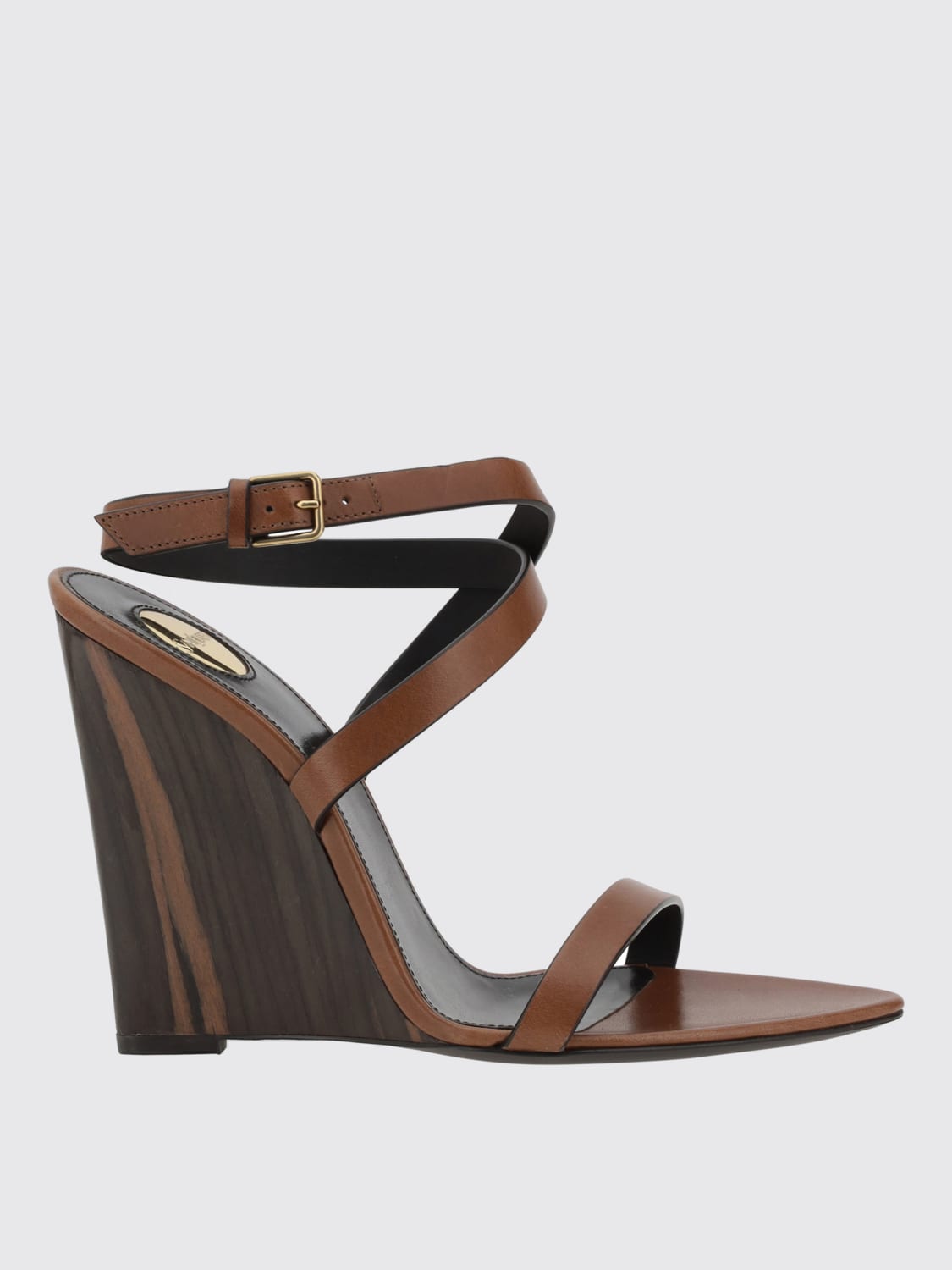 SAINT LAURENT: Sandalo con zeppa in pelle - Bruciato