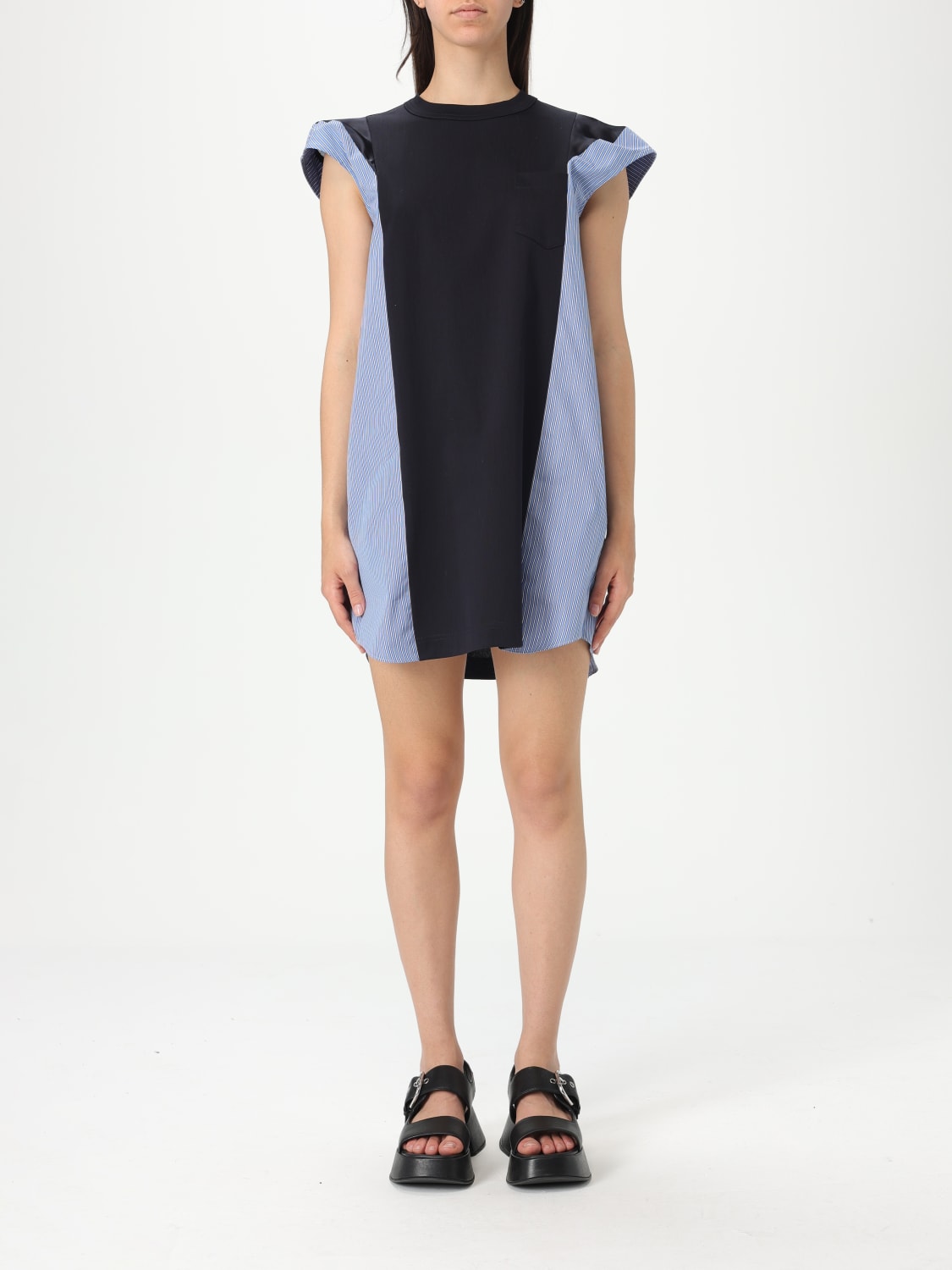 SACAI ABITO: Abito in cotone con pannelli a righe Sacai, Blue Navy - Img 1