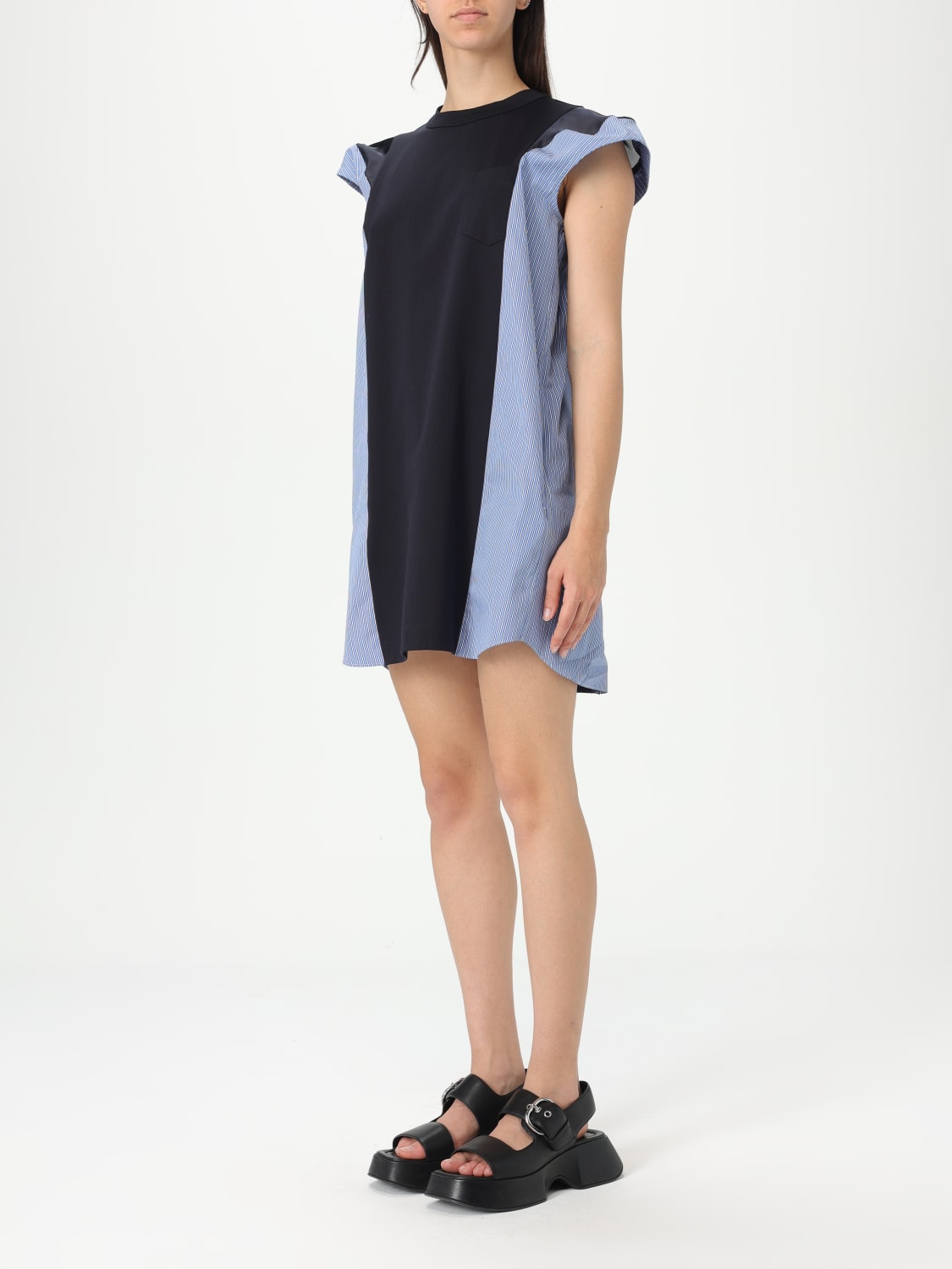 SACAI ABITO: Abito in cotone con pannelli a righe Sacai, Blue Navy - Img 4
