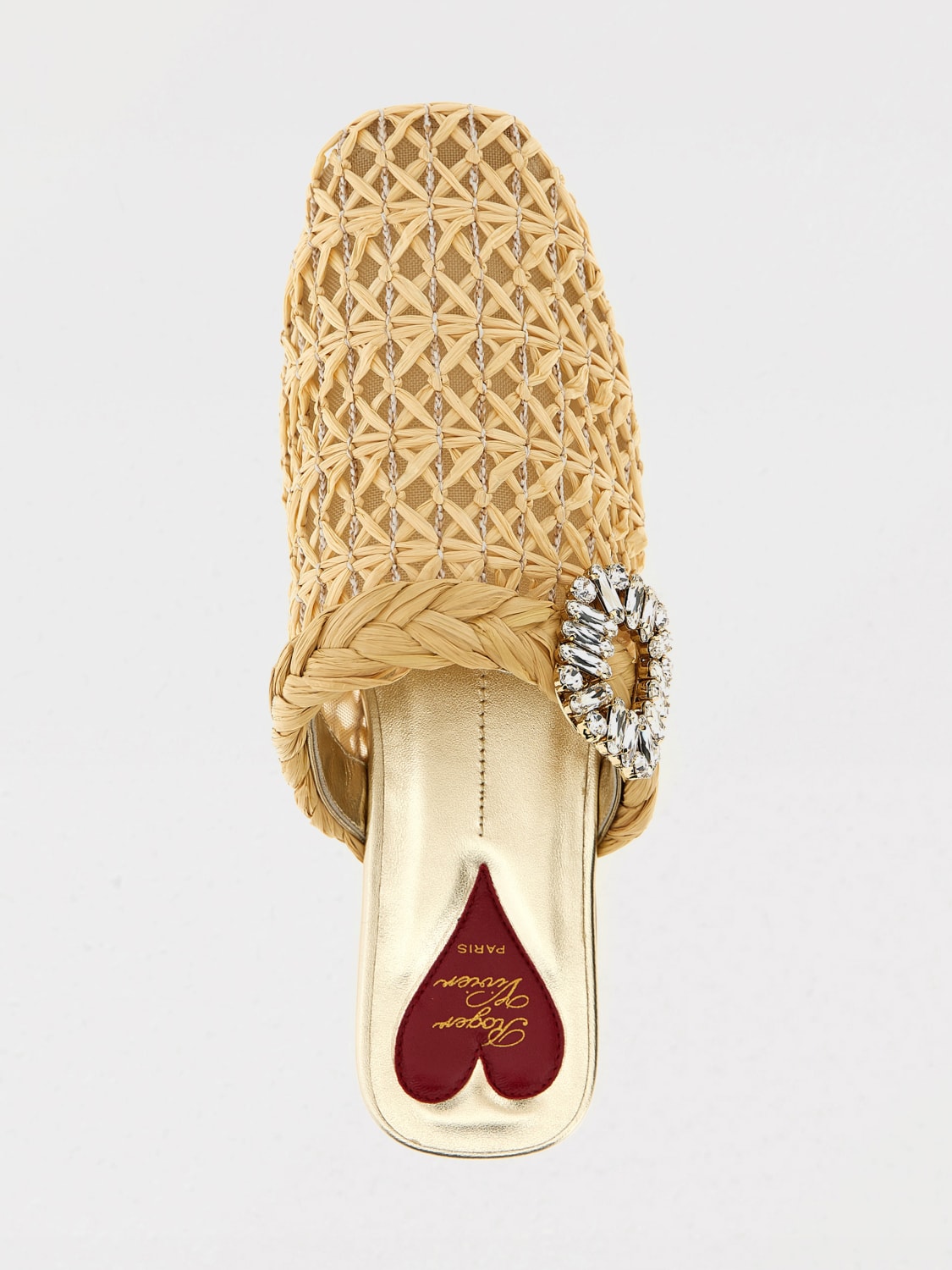ROGER VIVIER SCARPE: Mules Roger Vivier in nylon a rete e rafia intrecciata con fibbia gioiello , Naturale - Img 4