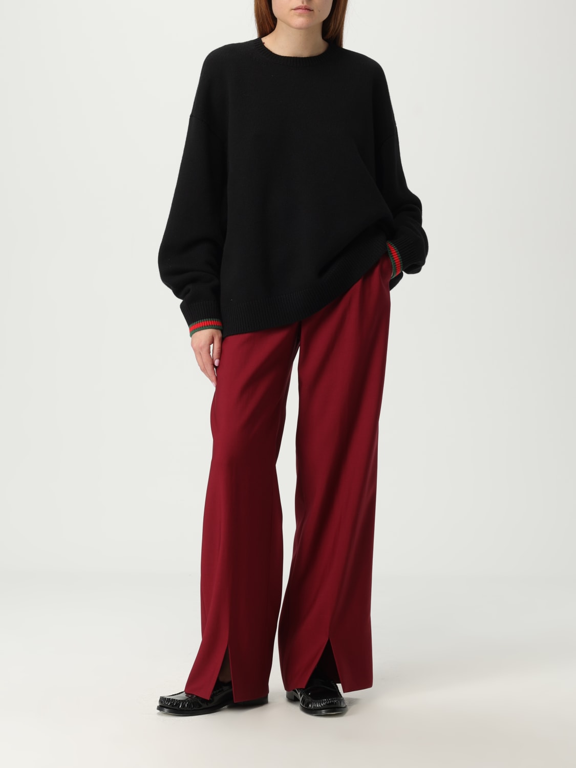 パンツ GUCCI Women Straight Pants 828769 RED Low-rise wool straight pants in red - Gucci | Mytheresa