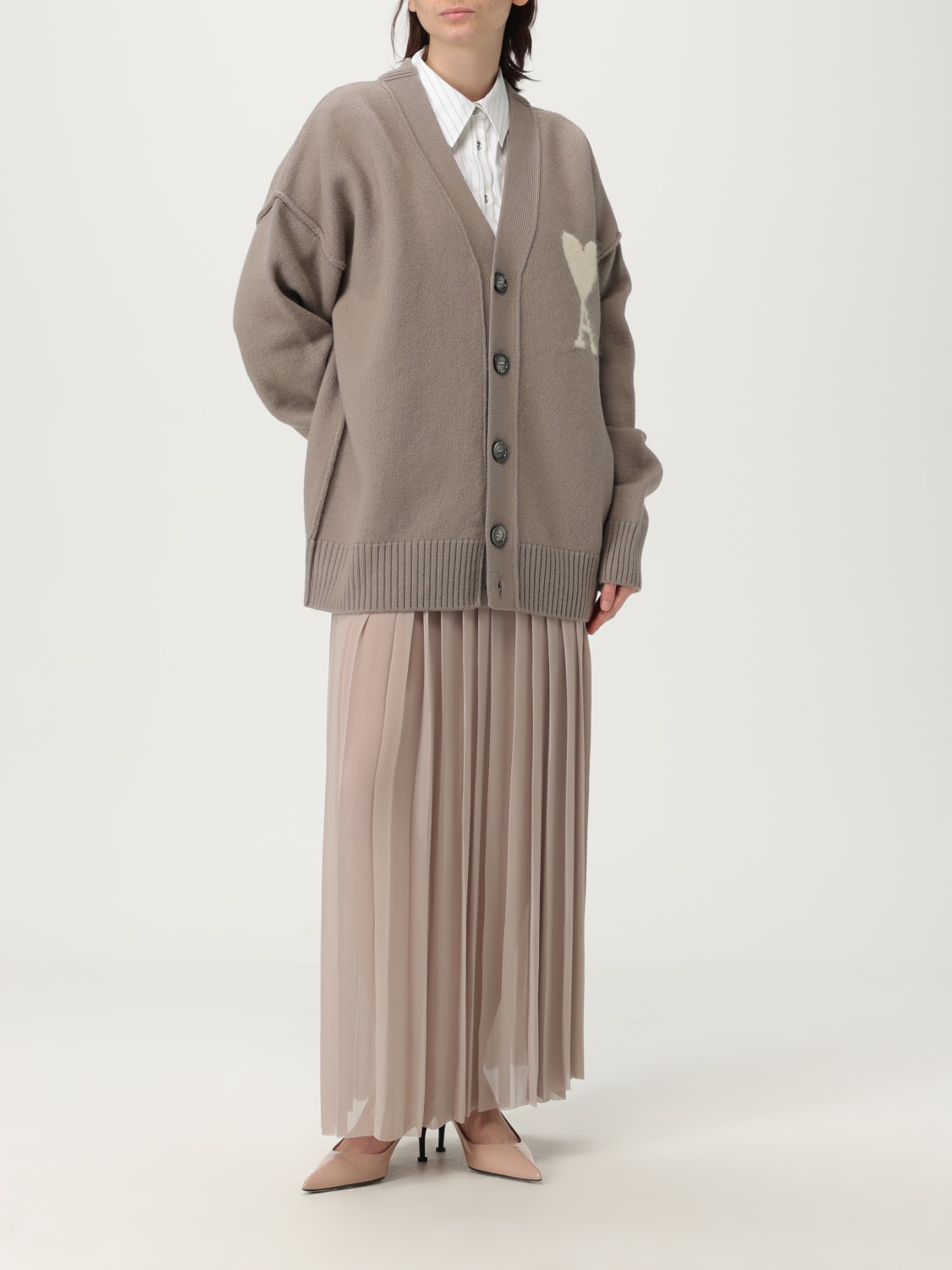 AMI PARIS GONNA: Gonna plissettato Ami Paris in crêpe, Beige - Img 2