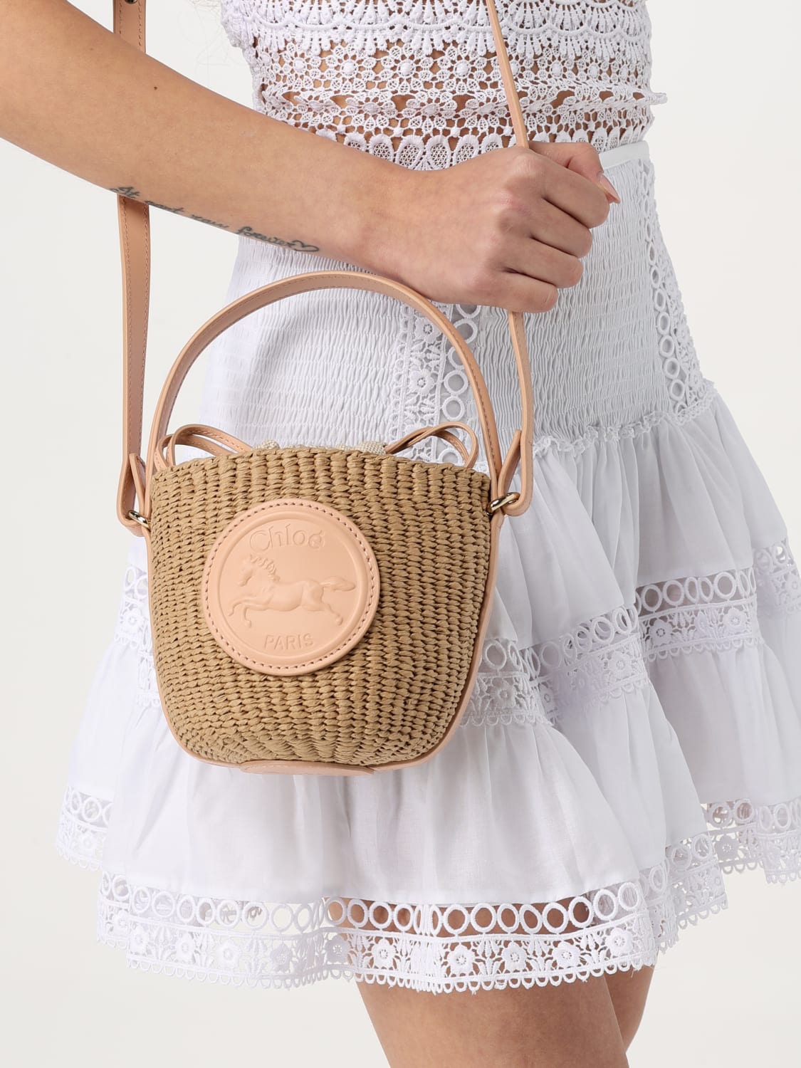 CHLOÉ BORSA MINI: Borsa Chloè in rafia e pelle , Albicocca - Img 2