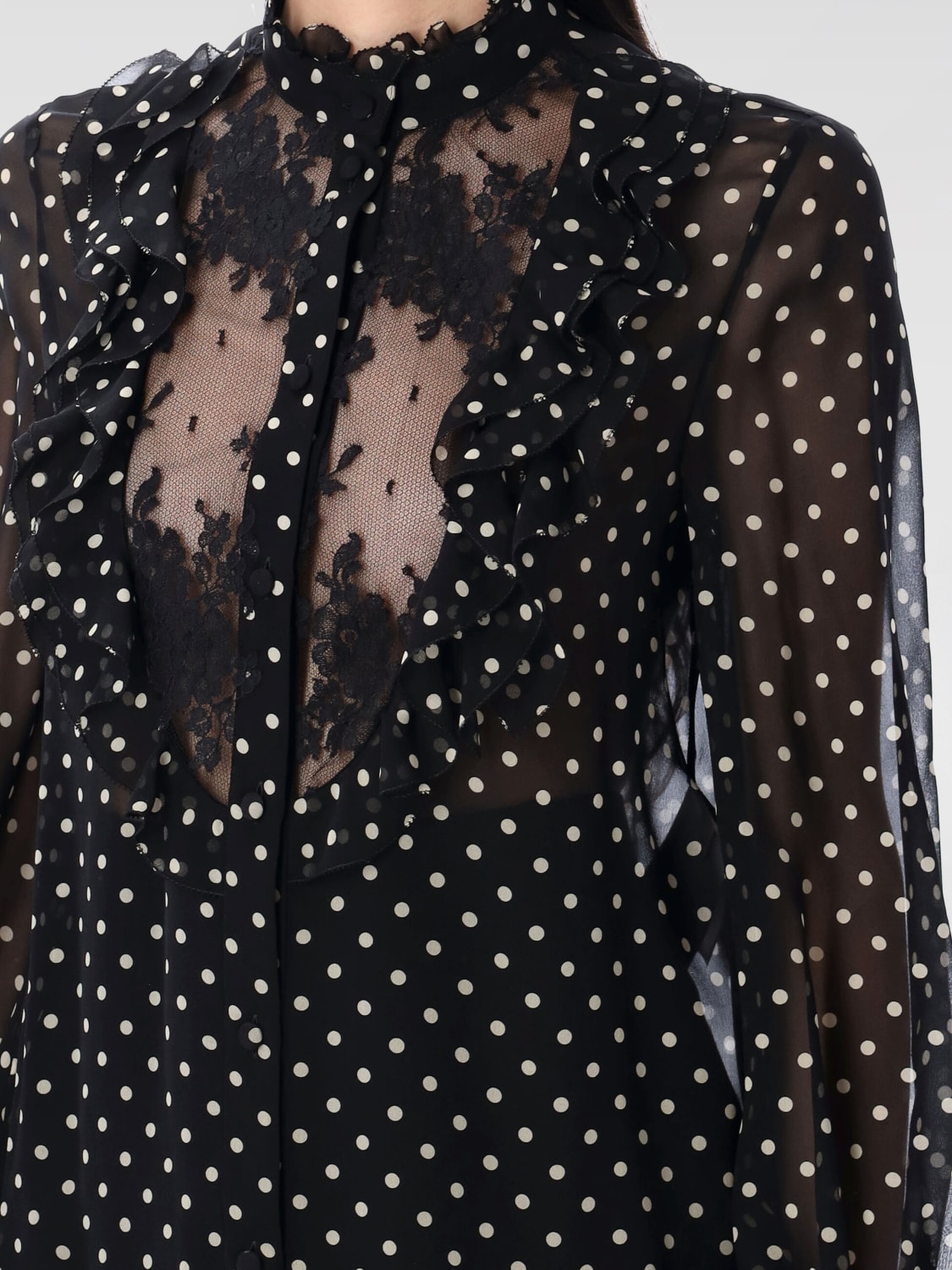 VALENTINO CAMICIA: Camicia Valentino in seta a stampa pois con inserti in pizzo , Nero - Img 3