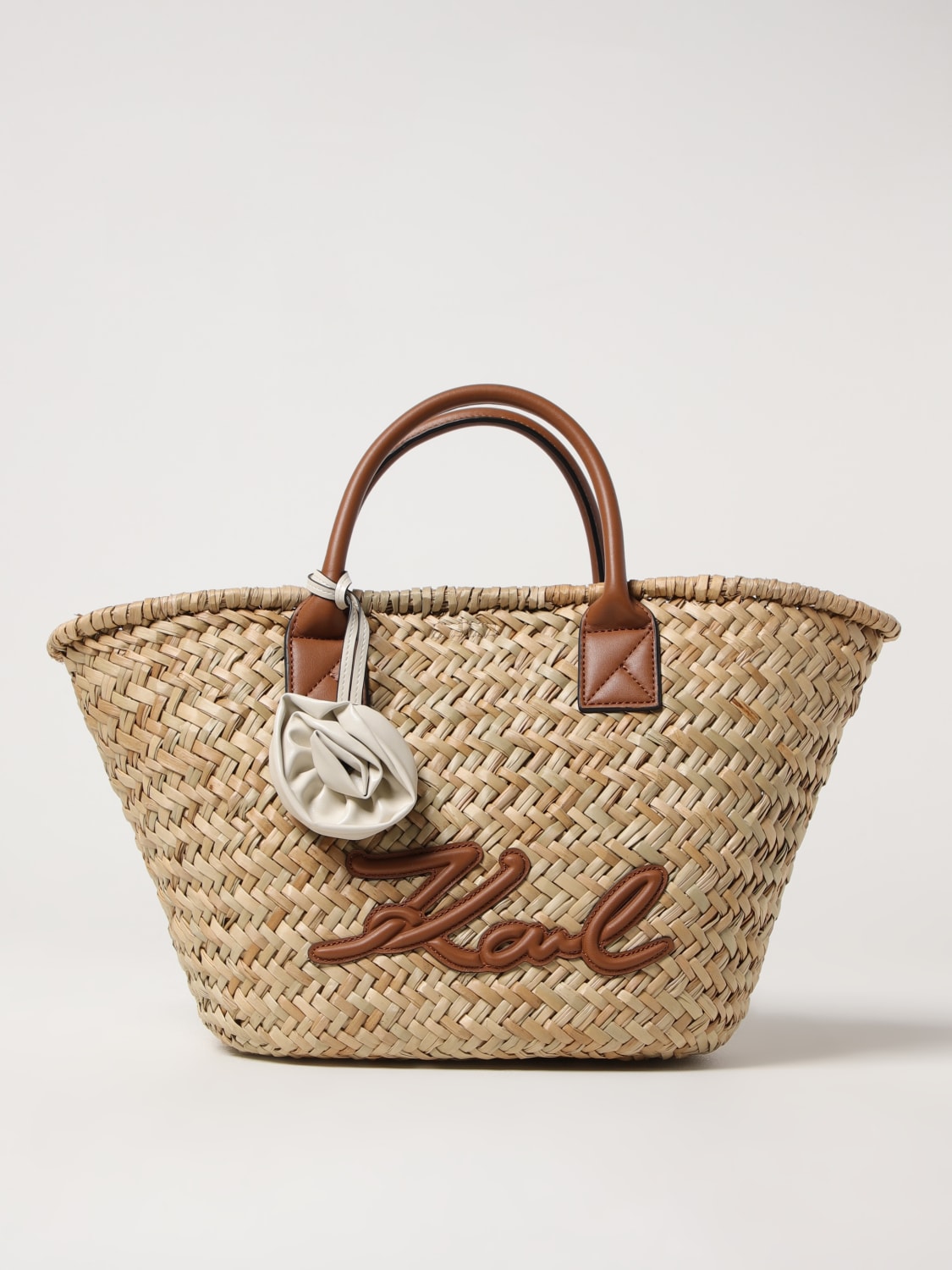 KARL LAGERFELD BORSA A MANO: Borsa K-Signature Karl Lagerfeld in rafia intrecciata e pelle sintetica, Naturale - Img 1