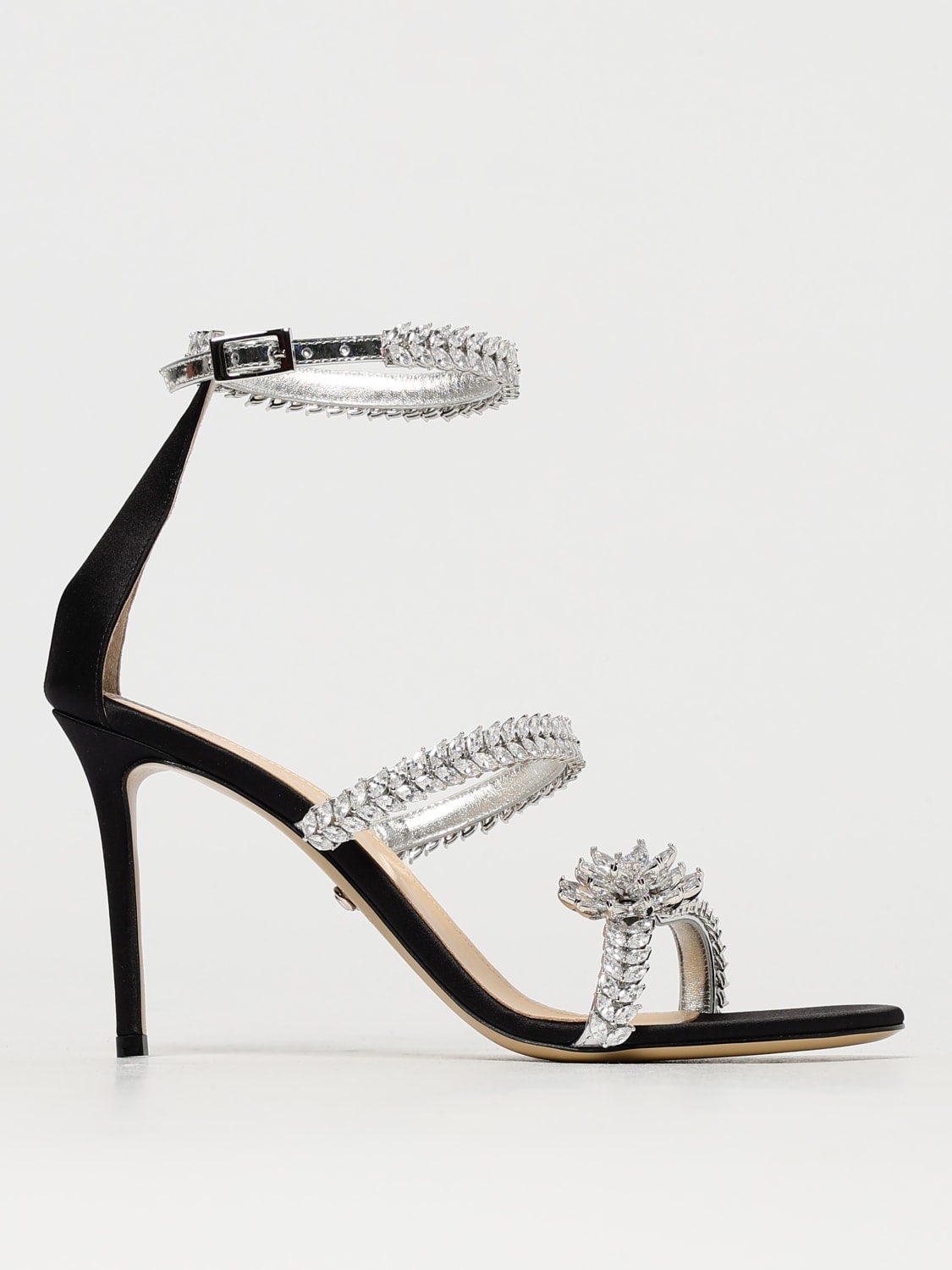 MACH&MACH SANDALI CON TACCO: Sandalo Lotus Flower Mach&Mach in raso con strass incastonati , Nero - Img 1