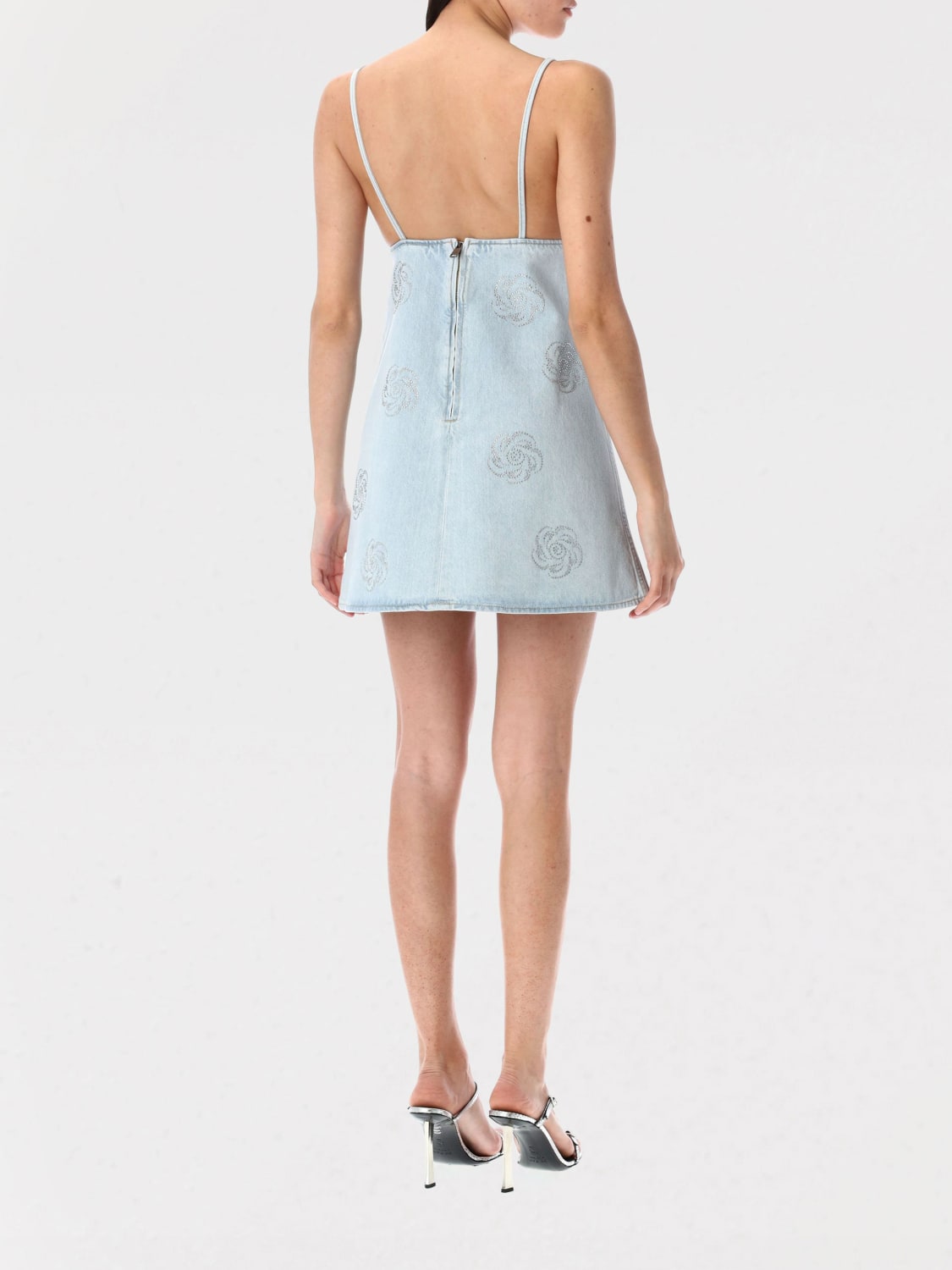 ROTATE ABITO: Abito mini Rotate in denim con fiori di strass , Blue - Img 2