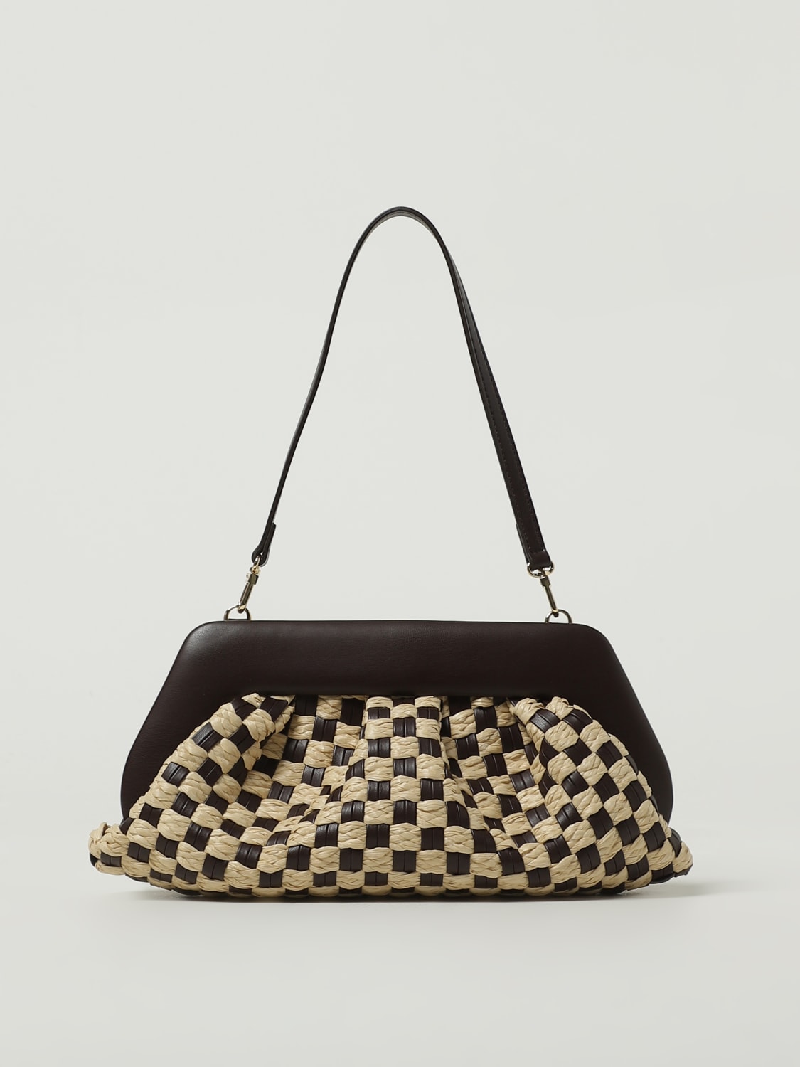 THEMOIRÈ BORSA A SPALLA: Borsa Themoirè in pelle vegana e rafia intrecciata , Marrone - Img 1
