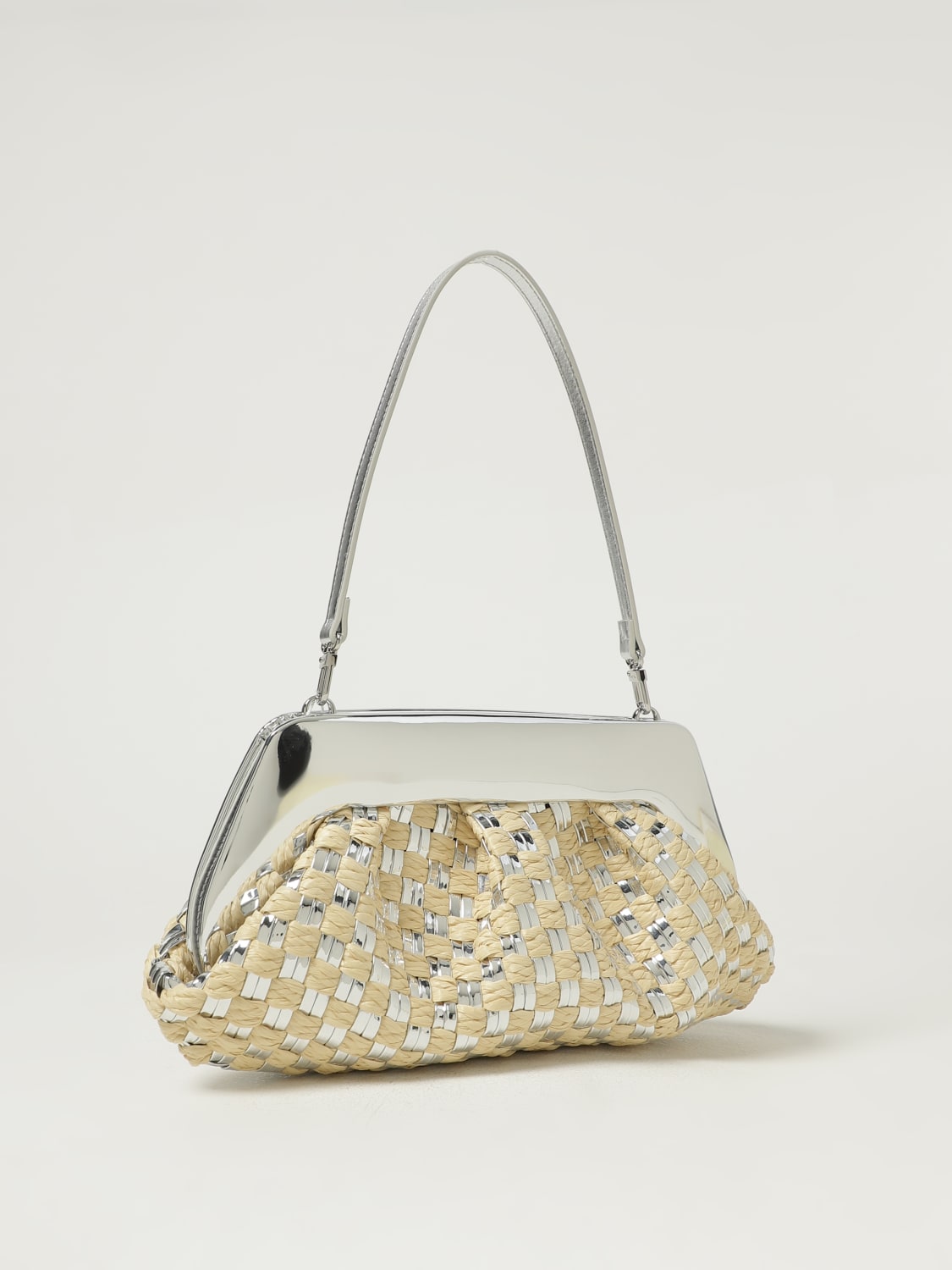 THEMOIRÈ BORSA A SPALLA: Borsa Themoirè in pelle vegana verniciata e rafia intrecciata , Silver - Img 2